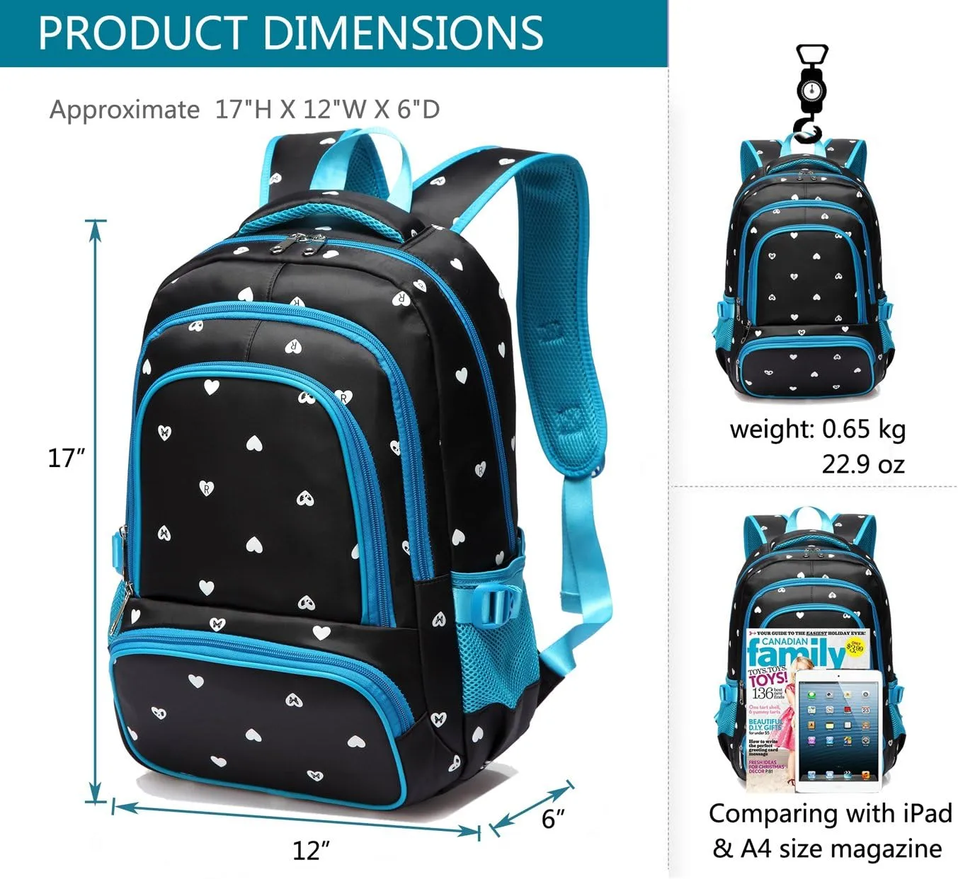 BLUEFAIRY Kids Backpack for Girls Primary Elementary School Bag Bookbag for Childs Book Bag Mochilas Escolares para Niñas de 4-6 Years Back to School Cute Gifts 17" Heart Print/Black