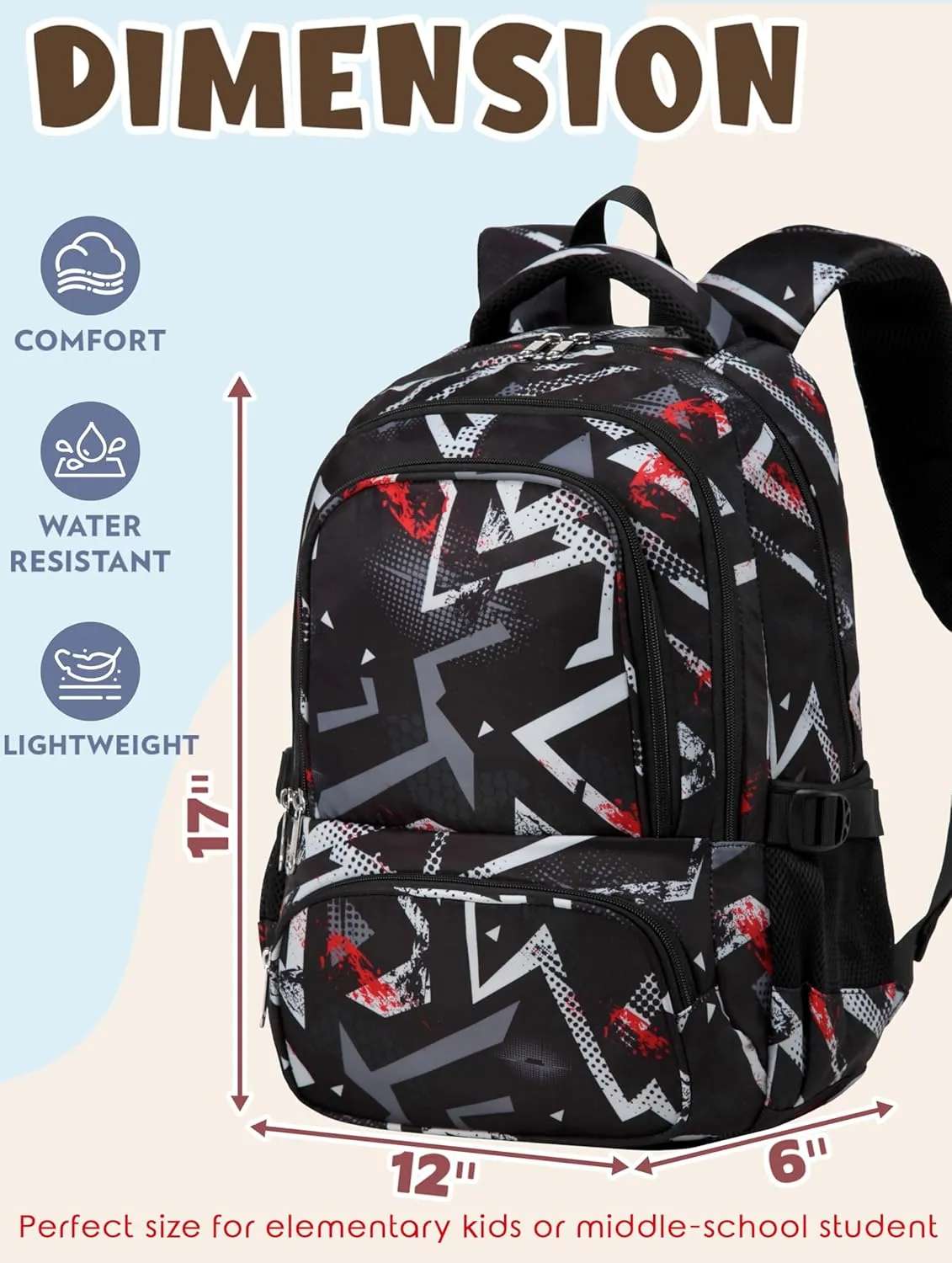 BLUEFAIRY Kids Backpacks for Boys Girls Elementary Primary Middle School Bookbags Back to School Bags for Childs Age 6-8 Mochilas Escolares para Niños Niñas 17 Inch Dark Black