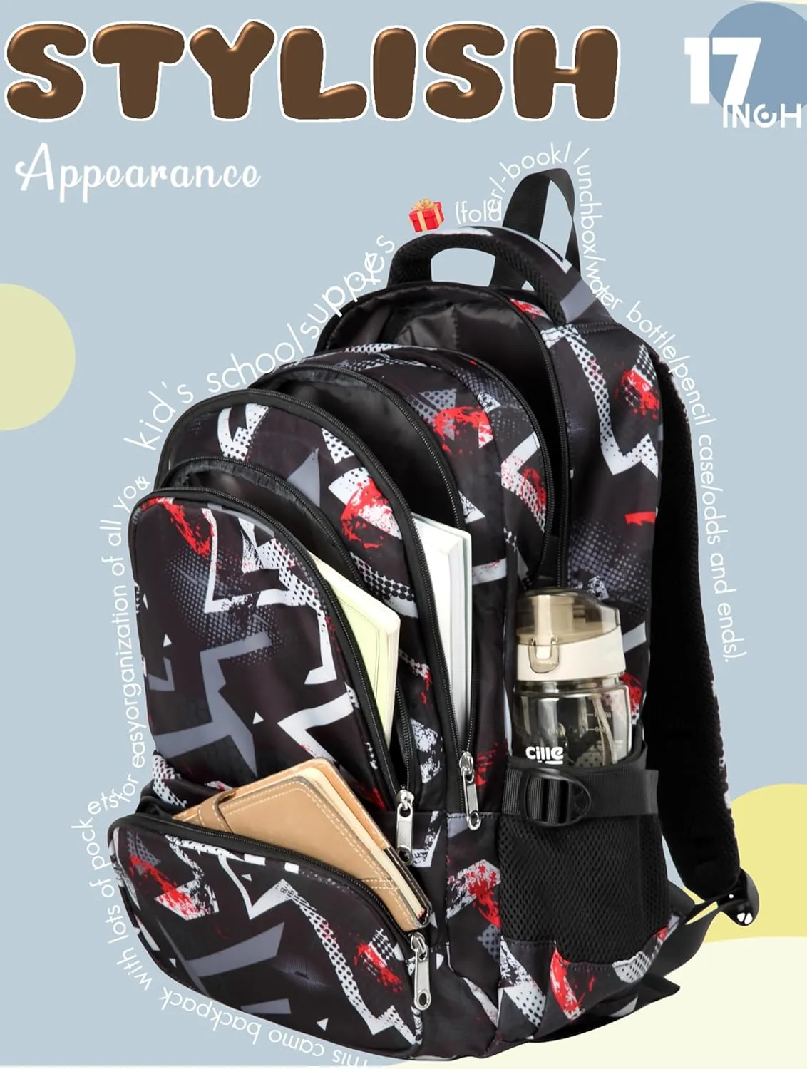 BLUEFAIRY Kids Backpacks for Boys Girls Elementary Primary Middle School Bookbags Back to School Bags for Childs Age 6-8 Mochilas Escolares para Niños Niñas 17 Inch Dark Black