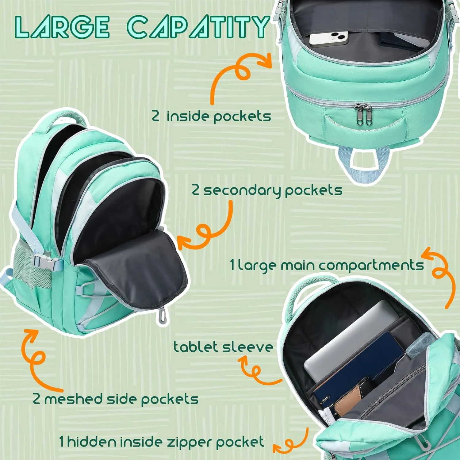 BLUEFAIRY Middle High School Backpack for Boys Girls Large Bookbag with Laptop Compartment Back to School Book Bags for Teens Teenagers Mochilas Escolares para Niños Niñas (Mint Green/Gray, Solid)