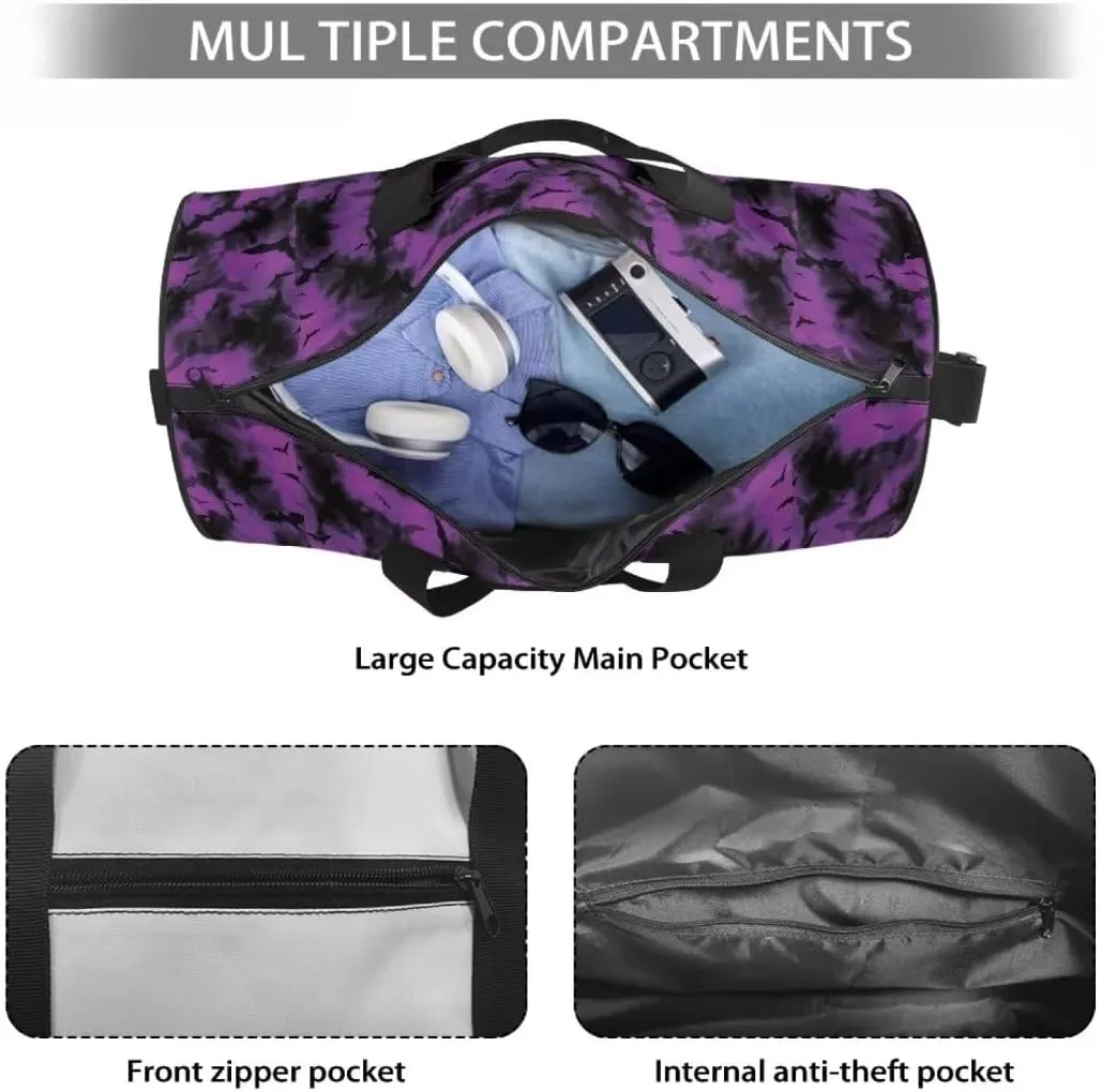 Boatee Bat Gym Bag for Women Travel Bag Large Duffle Bag Portable Weekender Bag Foldie Travel Bag Expandable Halloween Luggage Shoulder Bag with Inner Pocket Handle Bags for Sport Hiking Purple