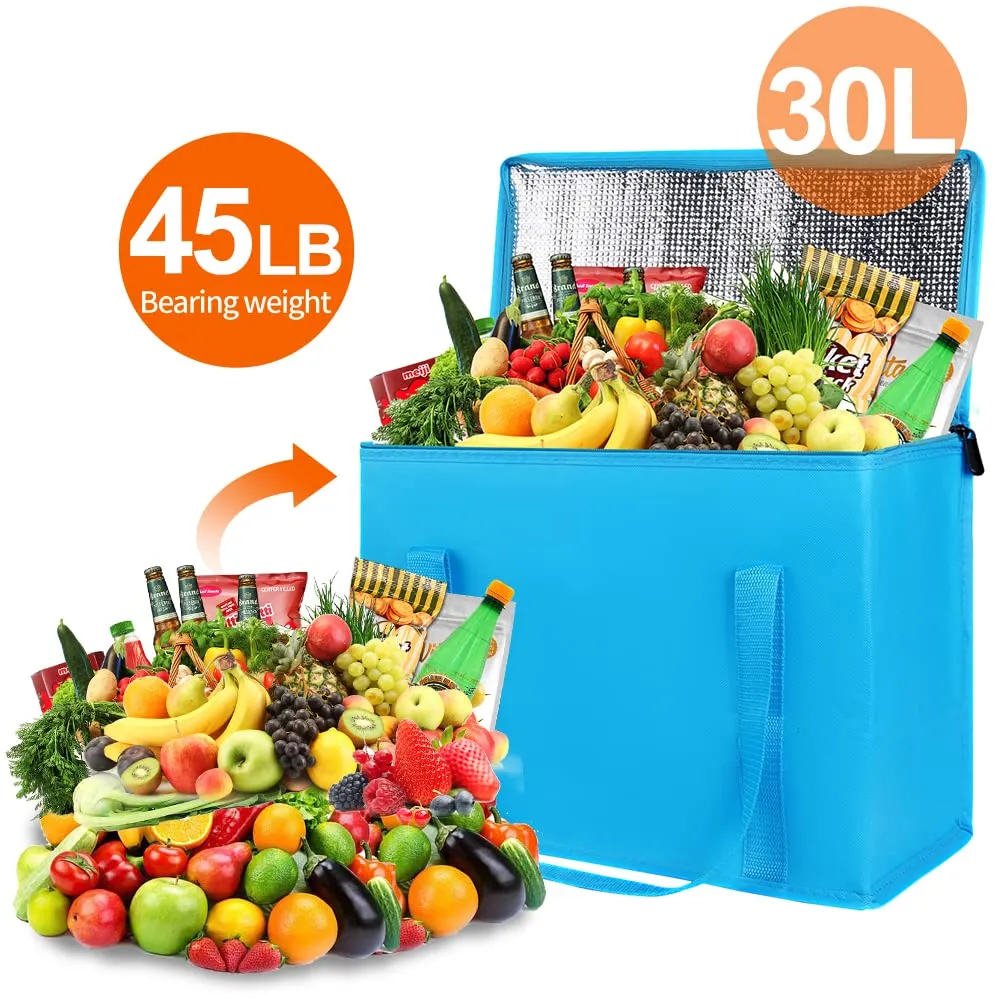 Bodaon 2-Pack Insulated Reusable Grocery Shopping Bag, X-Large Food Delivery Bags, Soft Cooler Bag for Women/Men for Instacart, Blue