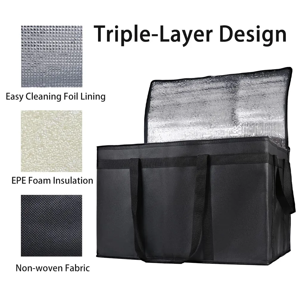 Bodaon 3-Pack Insulated Food Delivery Bag for Hot and Cold Meal, XXXL, Black, Grocery Tote Insulation Bag for Catering, Large Pizza Warmer