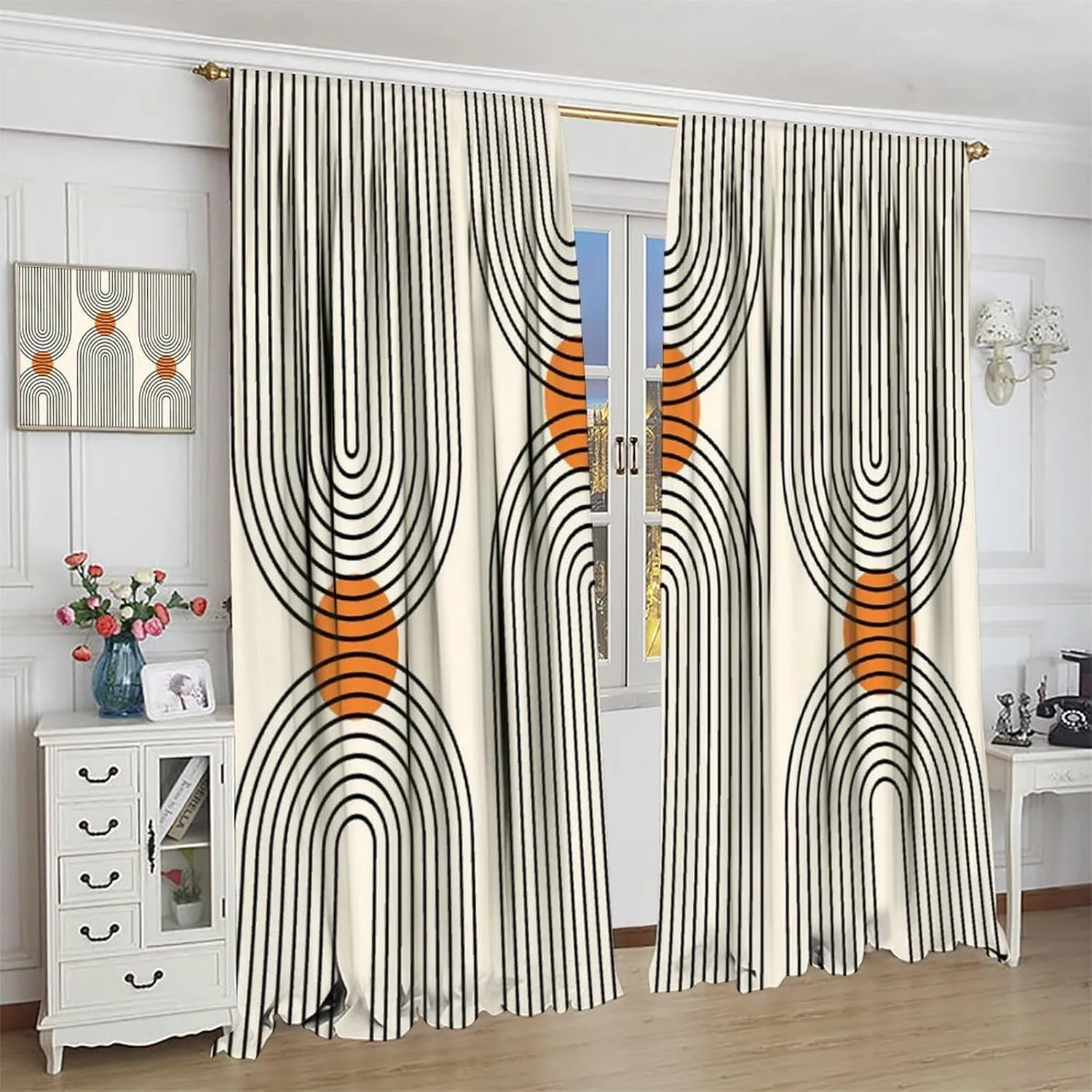 Bohemian Mid Century Modern Curtains, Minimalist Abstract Geometric Arch Sunline Trim, Blackout Curtains for Bedroom Living Room63X72 Inch