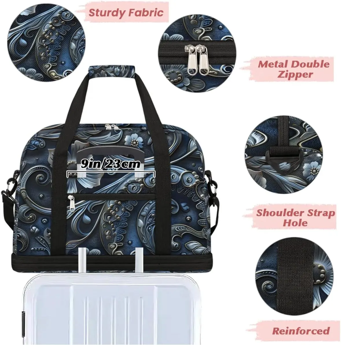Boho Flower Pattern Travel Duffle Bag, Collapsible Travel Bag Sports Gym Bag With Shoes Compartment Weekender Bag Overnight Bag For Women Men