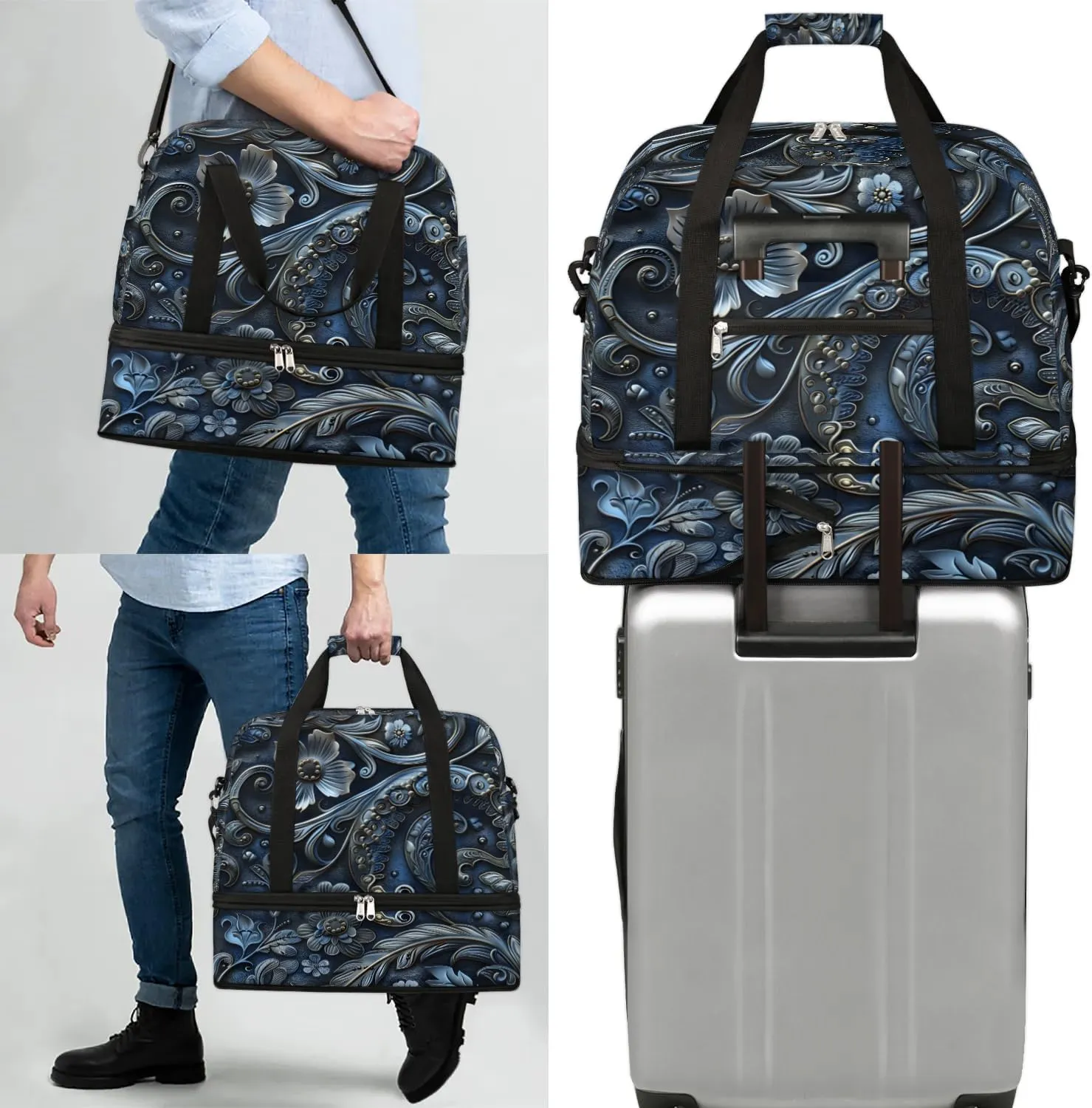 Boho Flower Pattern Travel Duffle Bag, Collapsible Travel Bag Sports Gym Bag With Shoes Compartment Weekender Bag Overnight Bag For Women Men