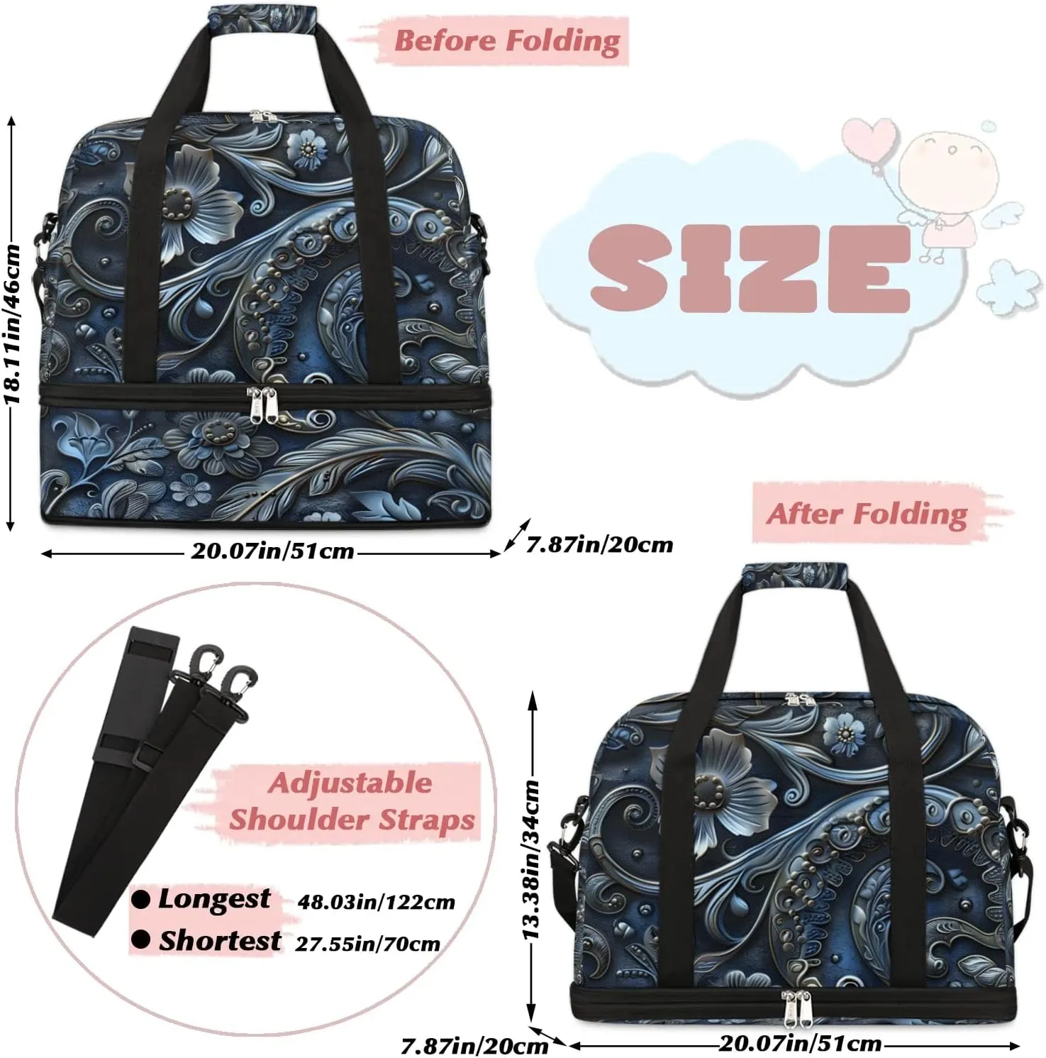 Boho Flower Pattern Travel Duffle Bag, Collapsible Travel Bag Sports Gym Bag With Shoes Compartment Weekender Bag Overnight Bag For Women Men