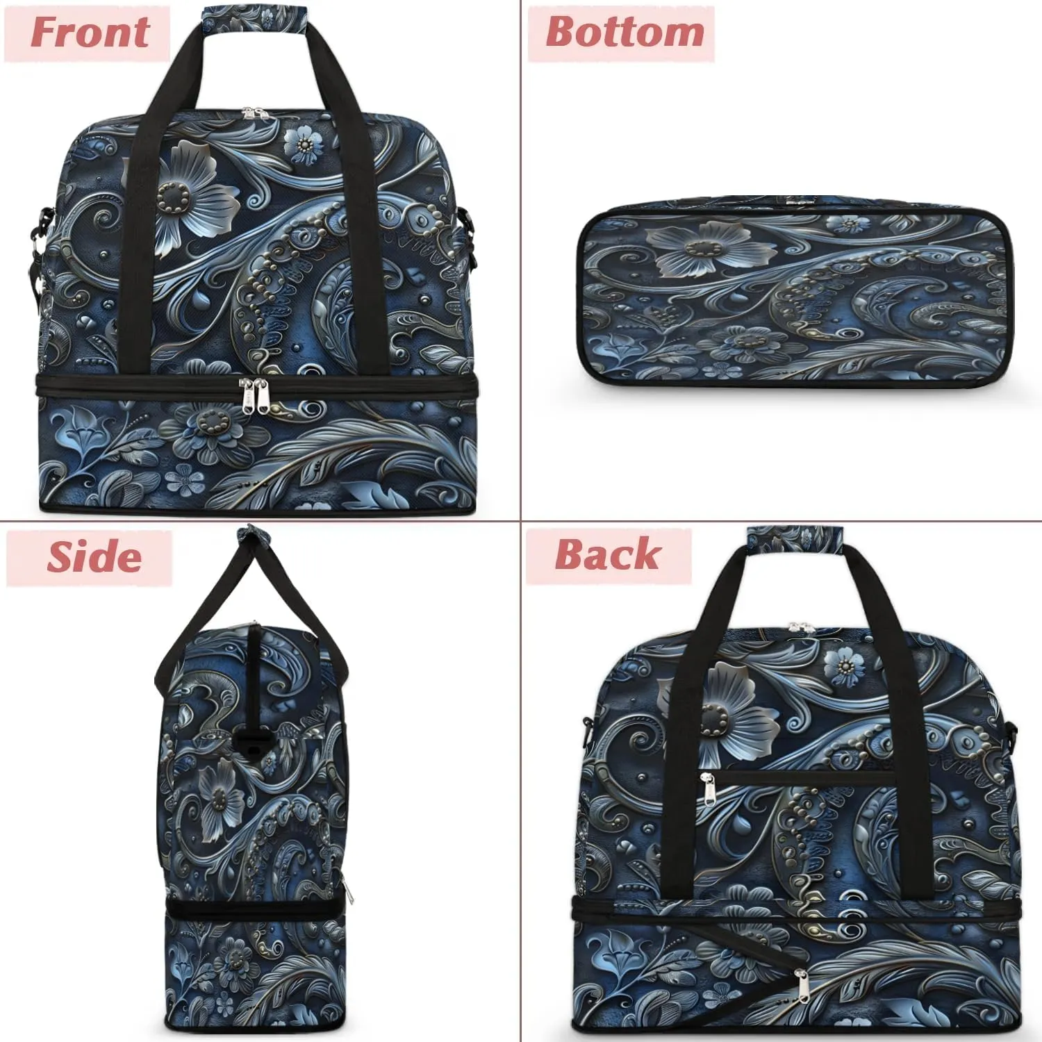 Boho Flower Pattern Travel Duffle Bag, Collapsible Travel Bag Sports Gym Bag With Shoes Compartment Weekender Bag Overnight Bag For Women Men
