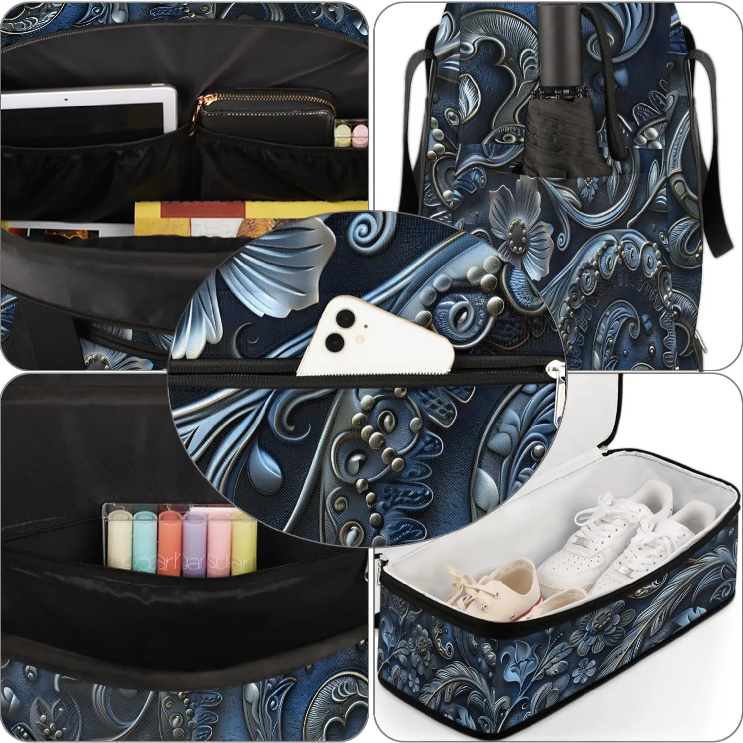 Boho Flower Pattern Travel Duffle Bag, Collapsible Travel Bag Sports Gym Bag With Shoes Compartment Weekender Bag Overnight Bag For Women Men