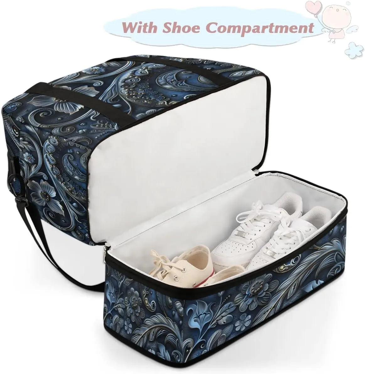 Boho Flower Pattern Travel Duffle Bag, Collapsible Travel Bag Sports Gym Bag With Shoes Compartment Weekender Bag Overnight Bag For Women Men