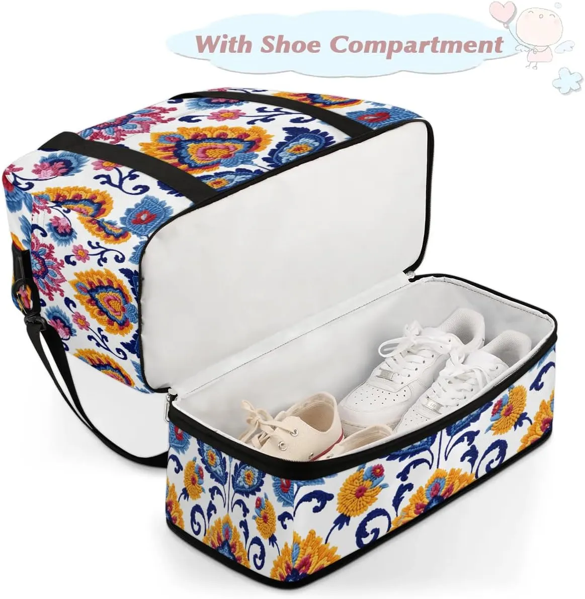 Boho Retro Patterns Colorful Travel Duffle Bag, Collapsible Travel Bag Sports Gym Bag With Shoes Compartment Weekender Bag Overnight Bag For Women Men