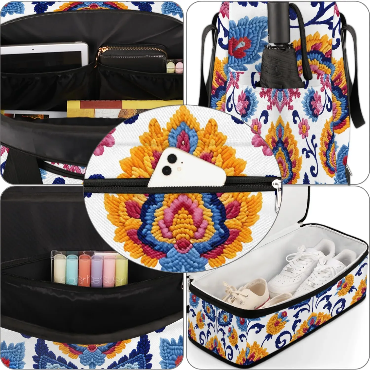 Boho Retro Patterns Colorful Travel Duffle Bag, Collapsible Travel Bag Sports Gym Bag With Shoes Compartment Weekender Bag Overnight Bag For Women Men