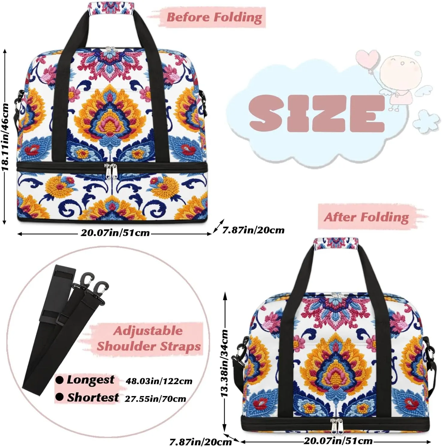 Boho Retro Patterns Colorful Travel Duffle Bag, Collapsible Travel Bag Sports Gym Bag With Shoes Compartment Weekender Bag Overnight Bag For Women Men