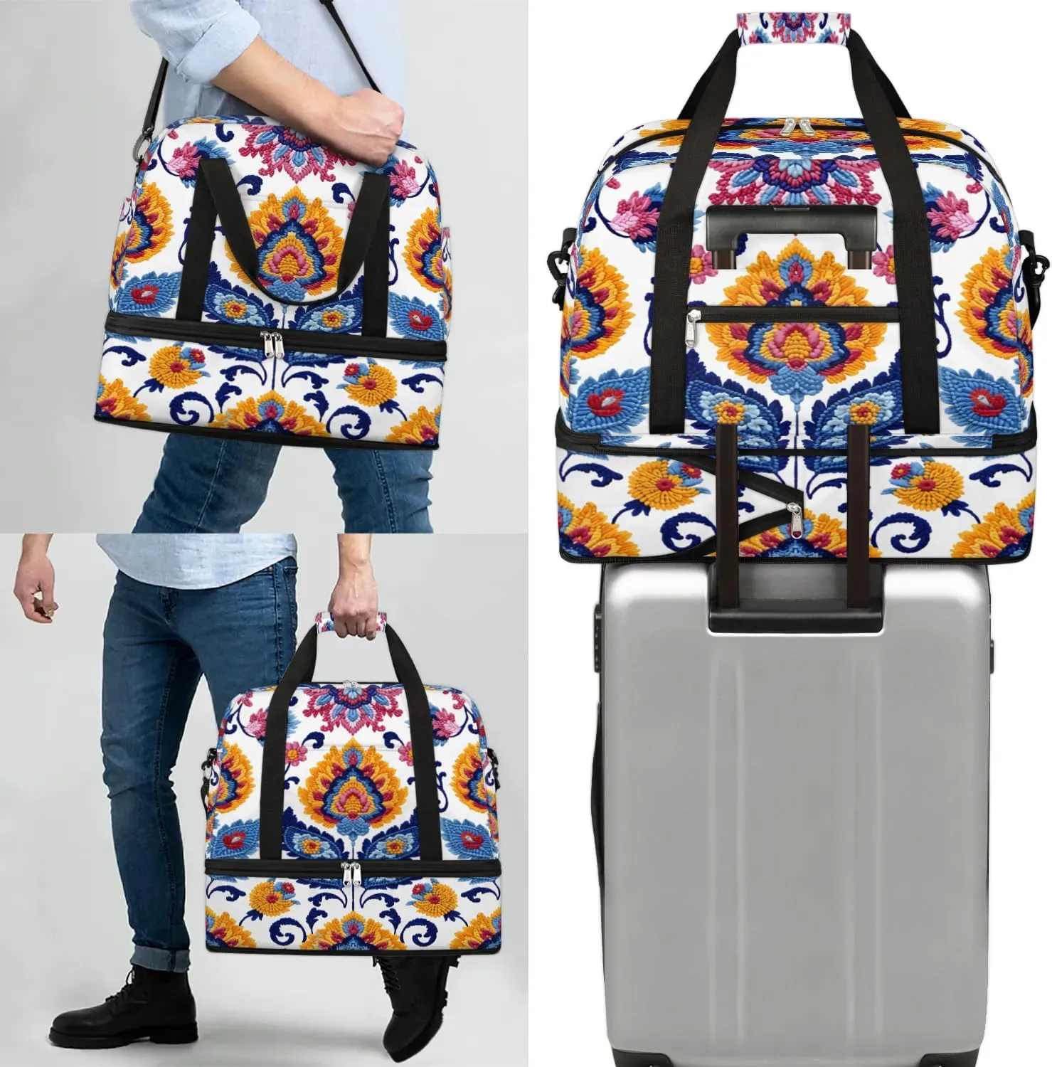 Boho Retro Patterns Colorful Travel Duffle Bag, Collapsible Travel Bag Sports Gym Bag With Shoes Compartment Weekender Bag Overnight Bag For Women Men