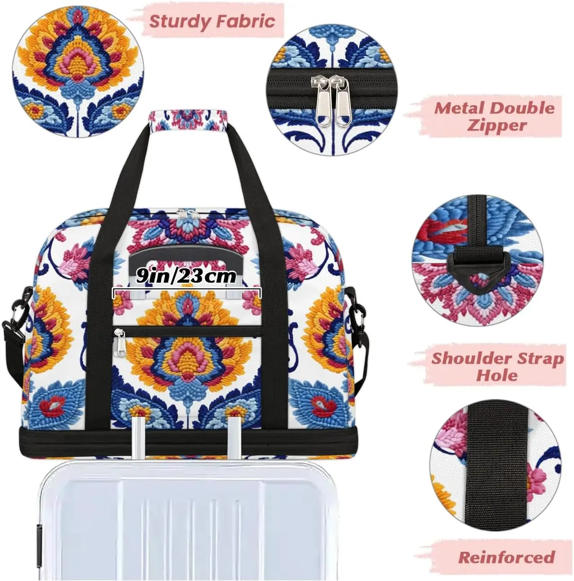 Boho Retro Patterns Colorful Travel Duffle Bag, Collapsible Travel Bag Sports Gym Bag With Shoes Compartment Weekender Bag Overnight Bag For Women Men