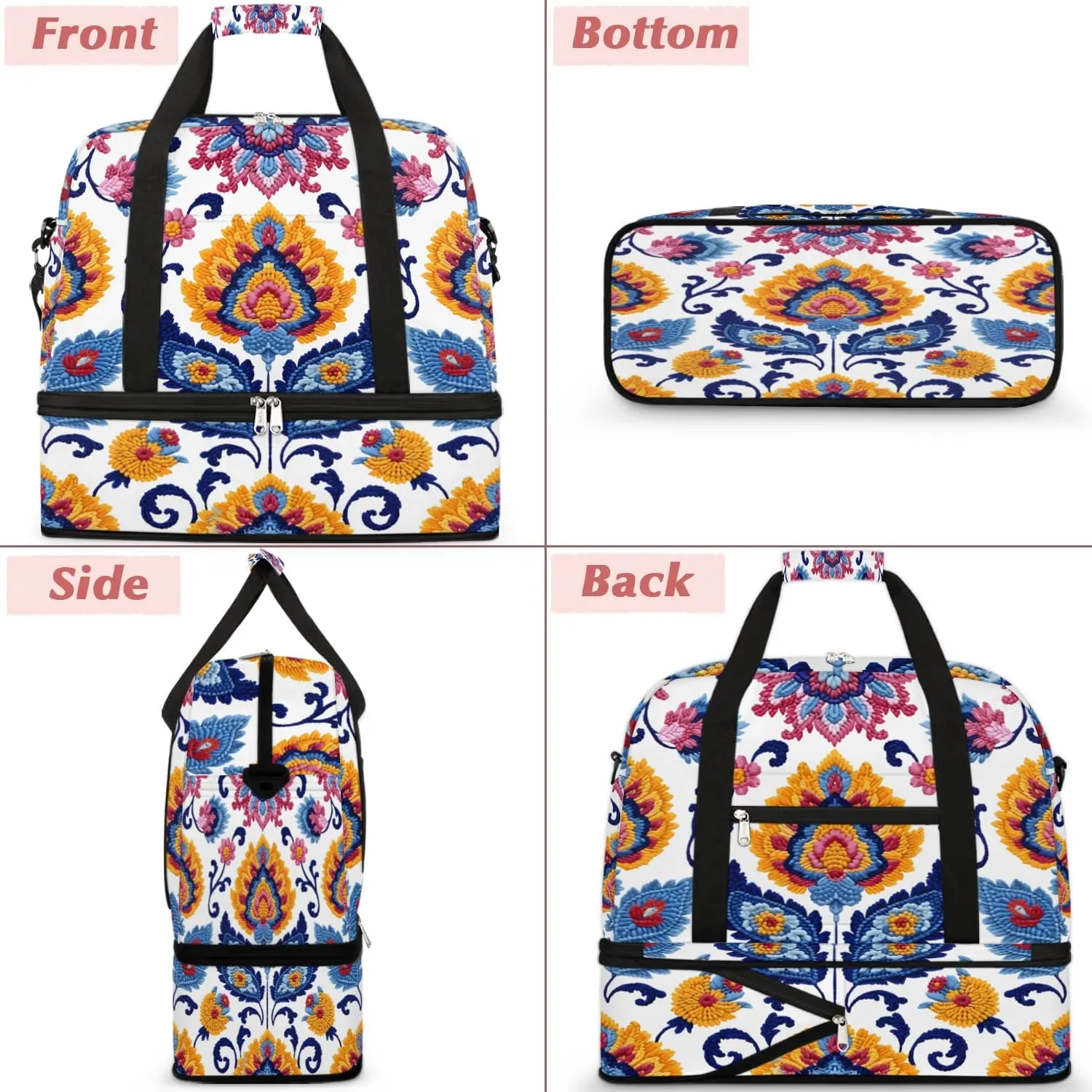 Boho Retro Patterns Colorful Travel Duffle Bag, Collapsible Travel Bag Sports Gym Bag With Shoes Compartment Weekender Bag Overnight Bag For Women Men