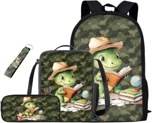 Book Dinosaur Backpack Set for Boys Kids School Backpack with Lunch Box 4 Pcs Set Elementary School Bags for Boys Bookbag with Side Pockets Casual Daypack for Primary Weekend