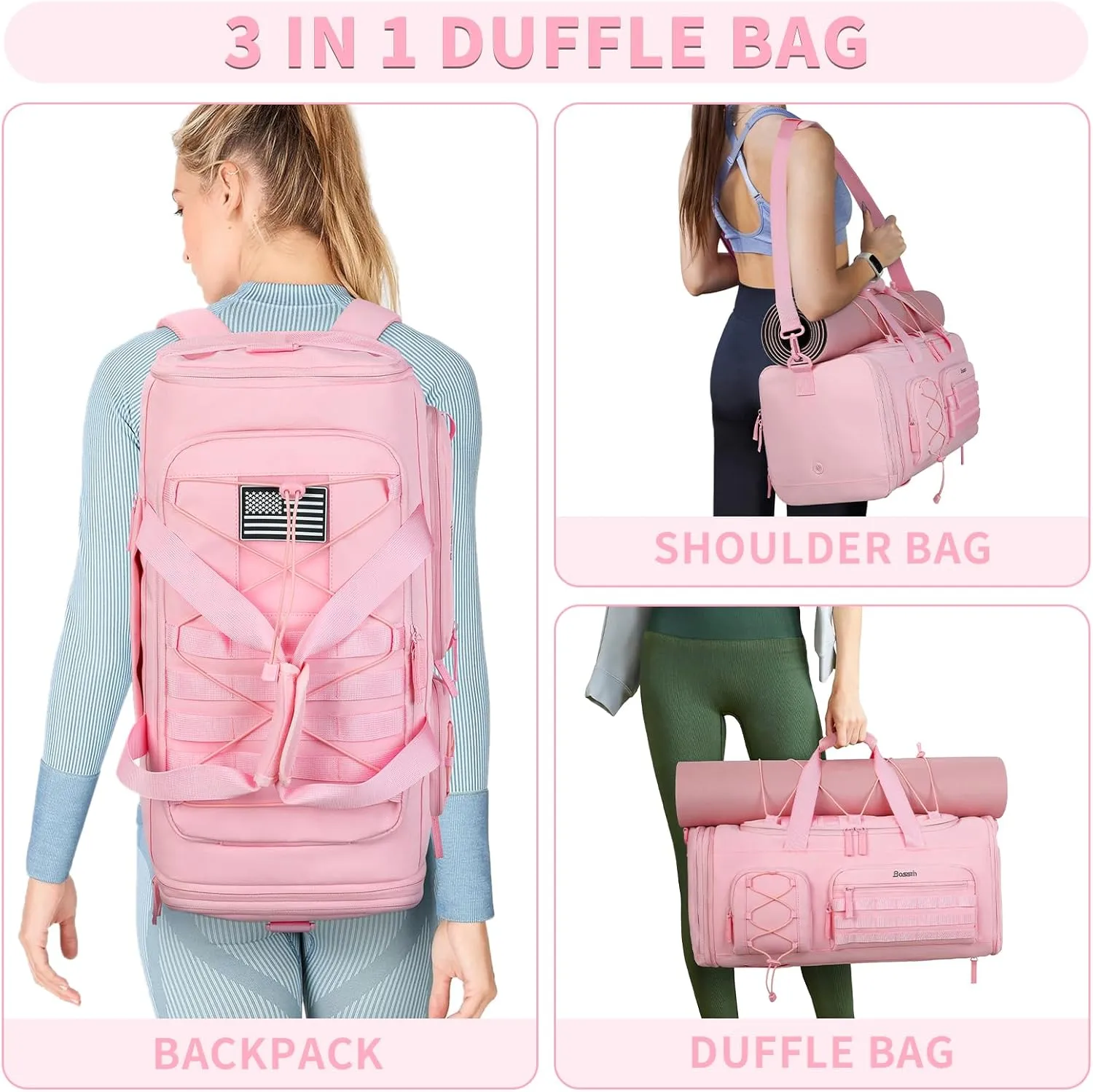 Bosstin Gym Bag for Men & Women,45L Travel Duffle Sports Duffel Bag Gym Weekender Overnight Backpack with Shoe Compartment (3PINK)
