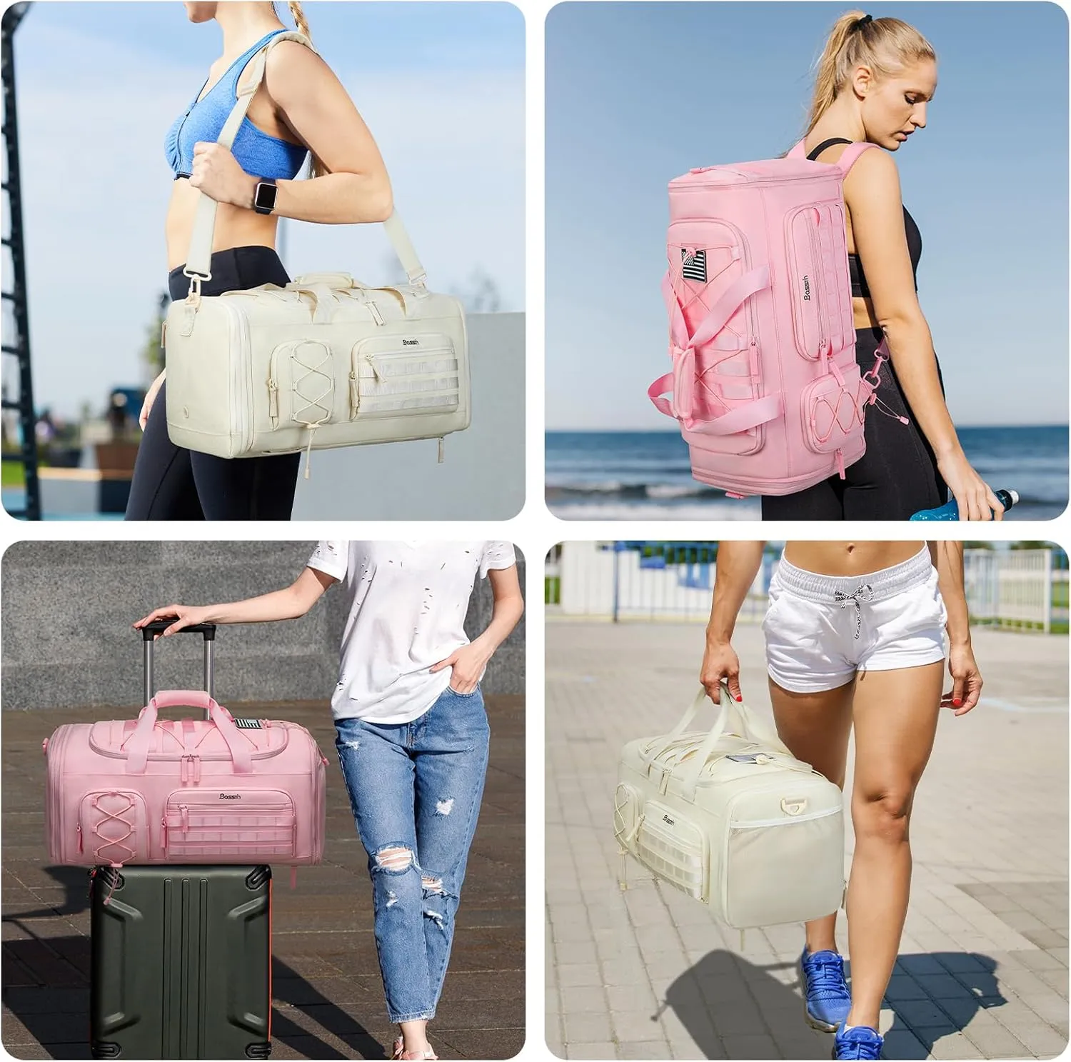 Bosstin Gym Bag for Men & Women,45L Travel Duffle Sports Duffel Bag Gym Weekender Overnight Backpack with Shoe Compartment (3PINK)