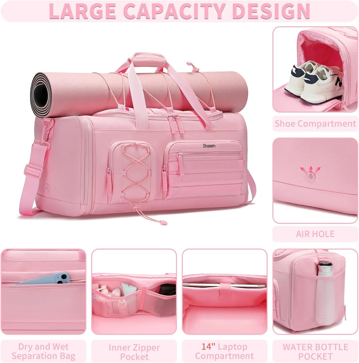 Bosstin Gym Bag for Men & Women,45L Travel Duffle Sports Duffel Bag Gym Weekender Overnight Backpack with Shoe Compartment (3PINK)
