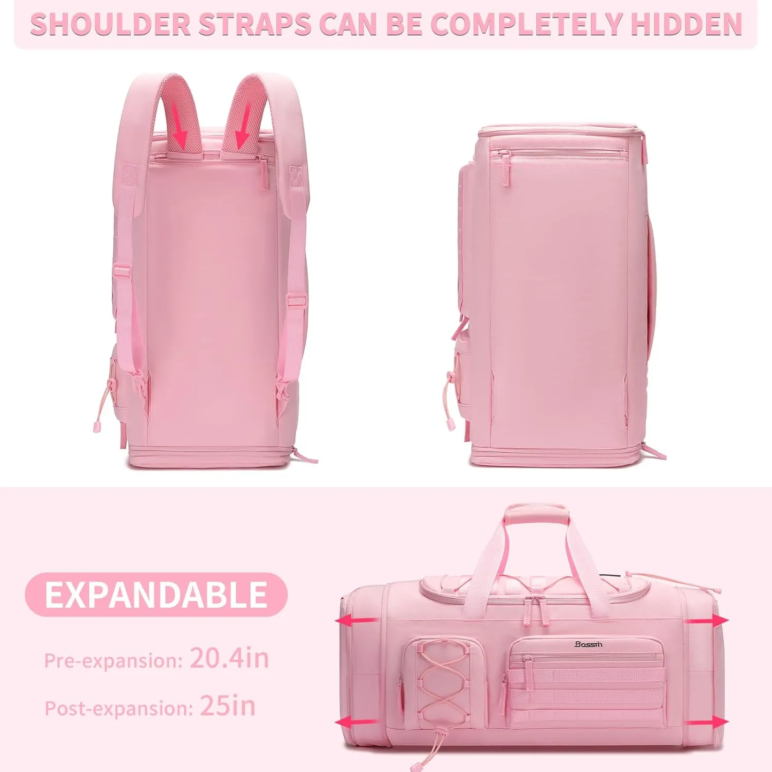Bosstin Gym Bag for Men & Women,45L Travel Duffle Sports Duffel Bag Gym Weekender Overnight Backpack with Shoe Compartment (3PINK)