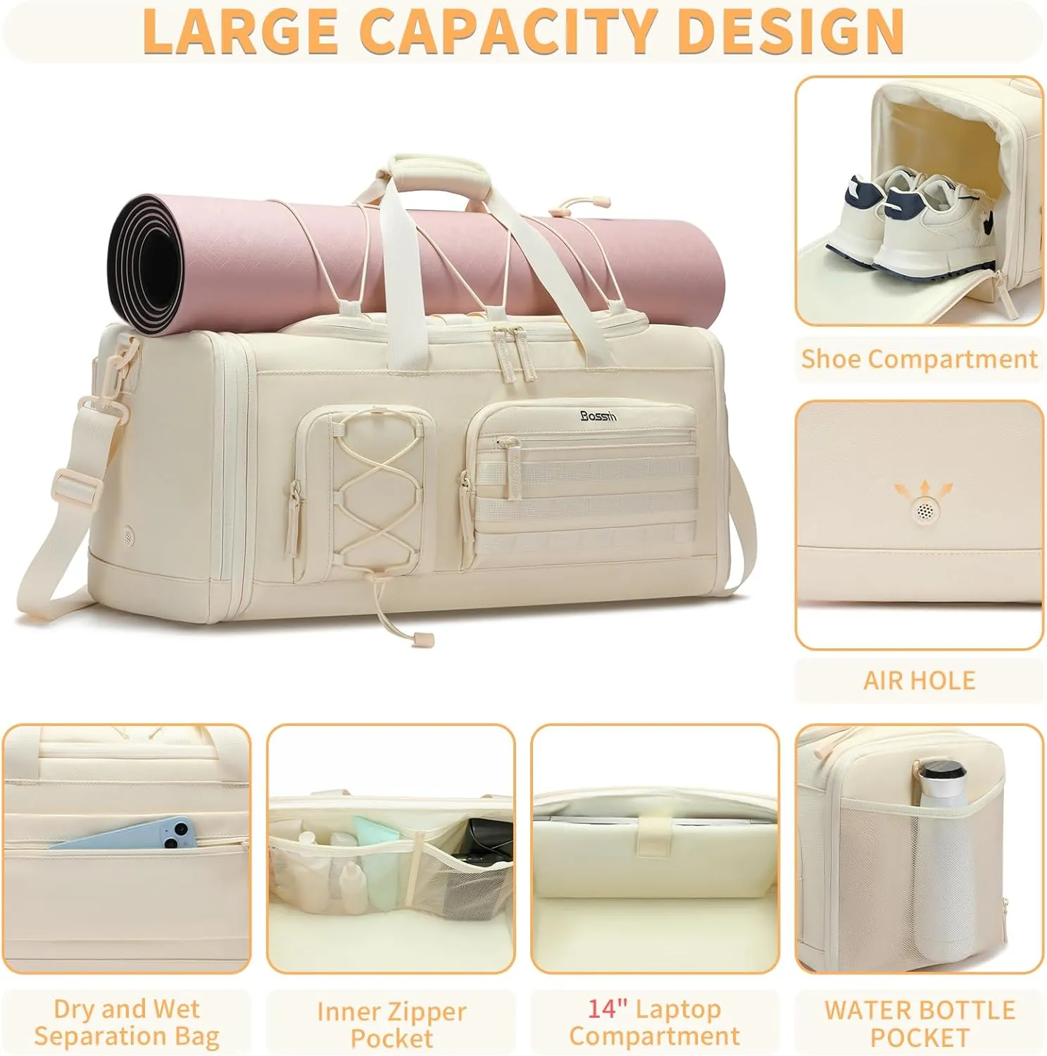 Bosstin Gym Bag for Men & Women,45L Travel Duffle Sports Duffel Bag Gym Weekender Overnight Backpack with Shoe Compartment (4Beige)