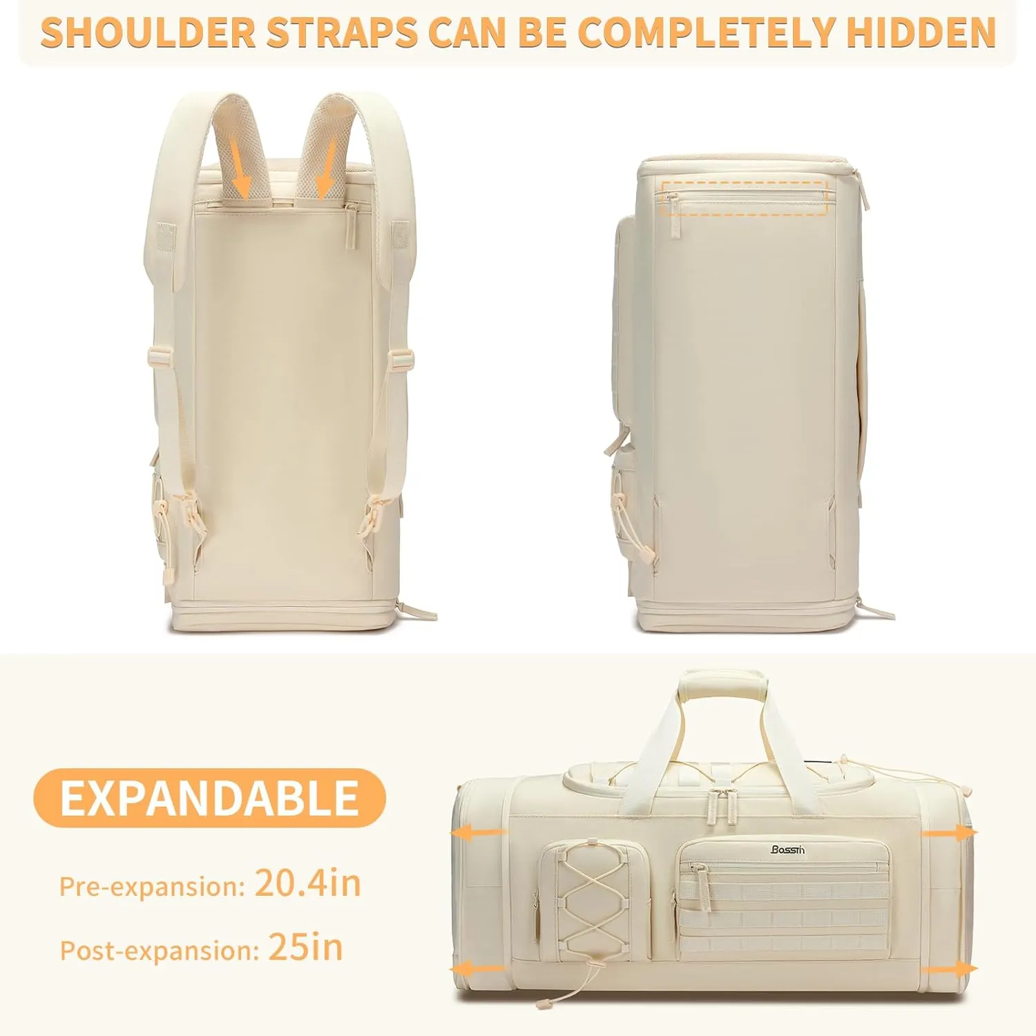 Bosstin Gym Bag for Men & Women,45L Travel Duffle Sports Duffel Bag Gym Weekender Overnight Backpack with Shoe Compartment (4Beige)
