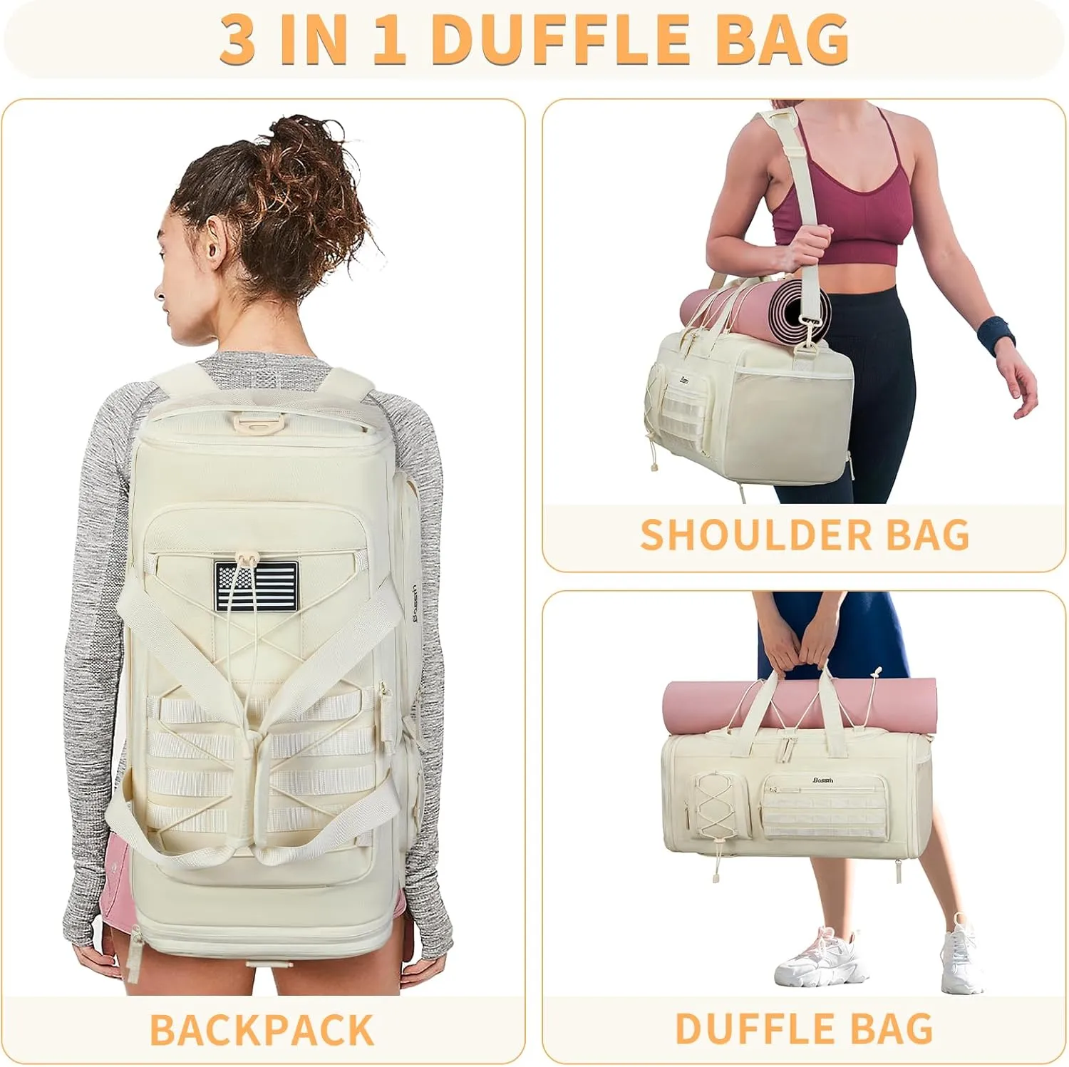 Bosstin Gym Bag for Men & Women,45L Travel Duffle Sports Duffel Bag Gym Weekender Overnight Backpack with Shoe Compartment (4Beige)