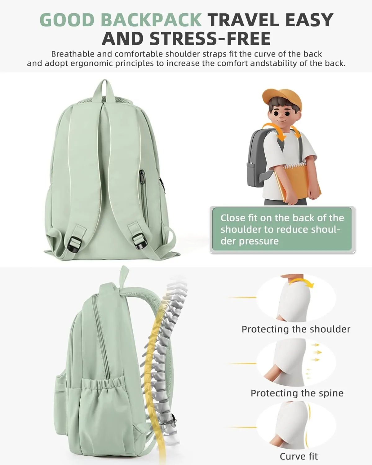 BOXSAM Lightweight School Backpack for Women Men, Laptop Travel Casual Daypack College Secondary School Bags Bookbag for Teenage Girls Boys, Green