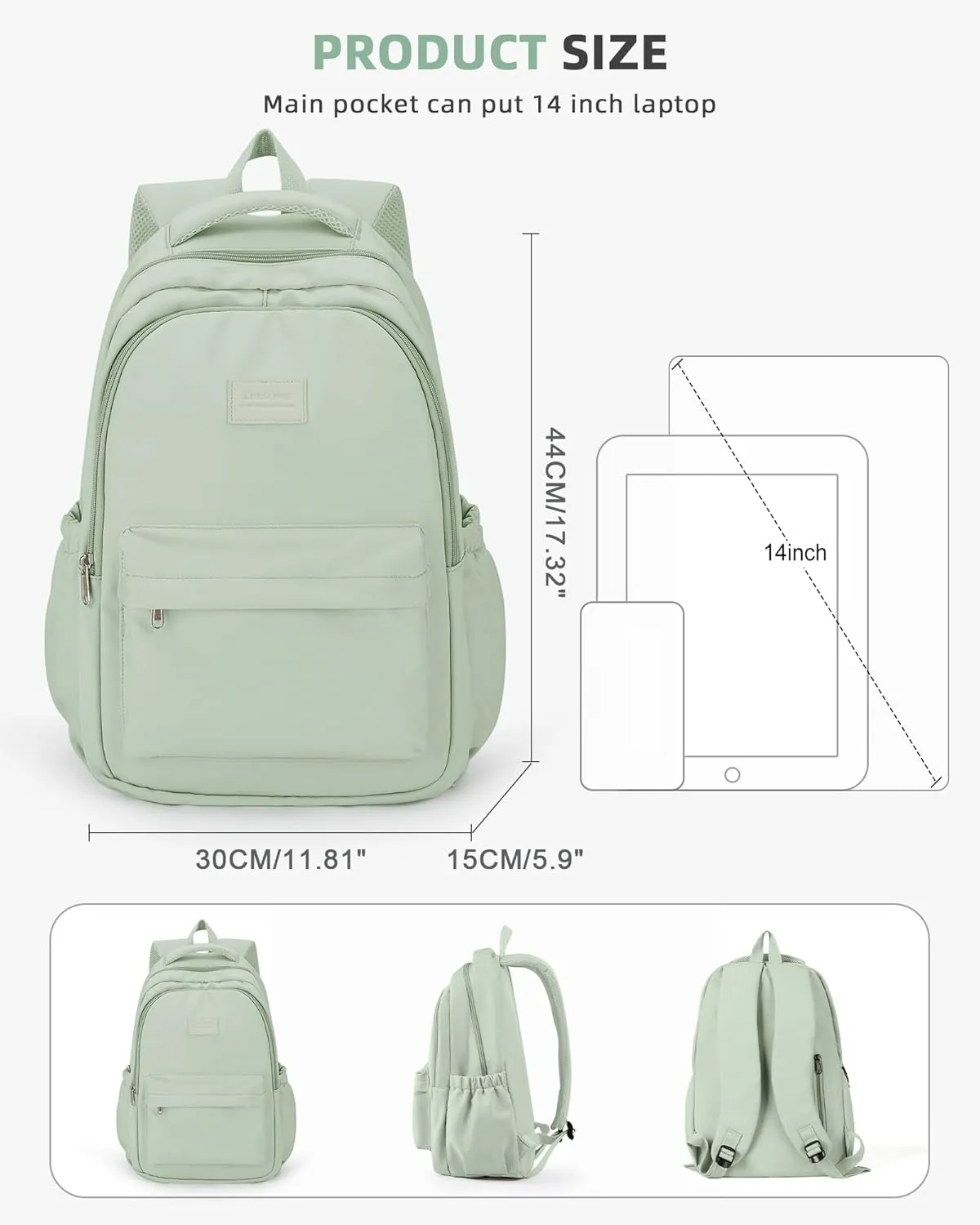 BOXSAM Lightweight School Backpack for Women Men, Laptop Travel Casual Daypack College Secondary School Bags Bookbag for Teenage Girls Boys, Green