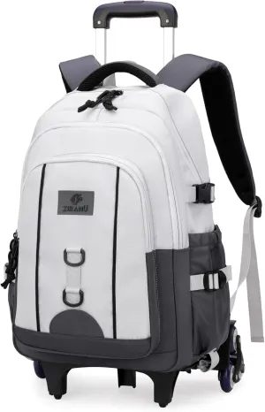 Boys Rolling Backpack for School Kids, Backpack for Boys with 6 Wheels, Carry-On Wheeled Elementary Middle High School Bags Bookbags, White Grey