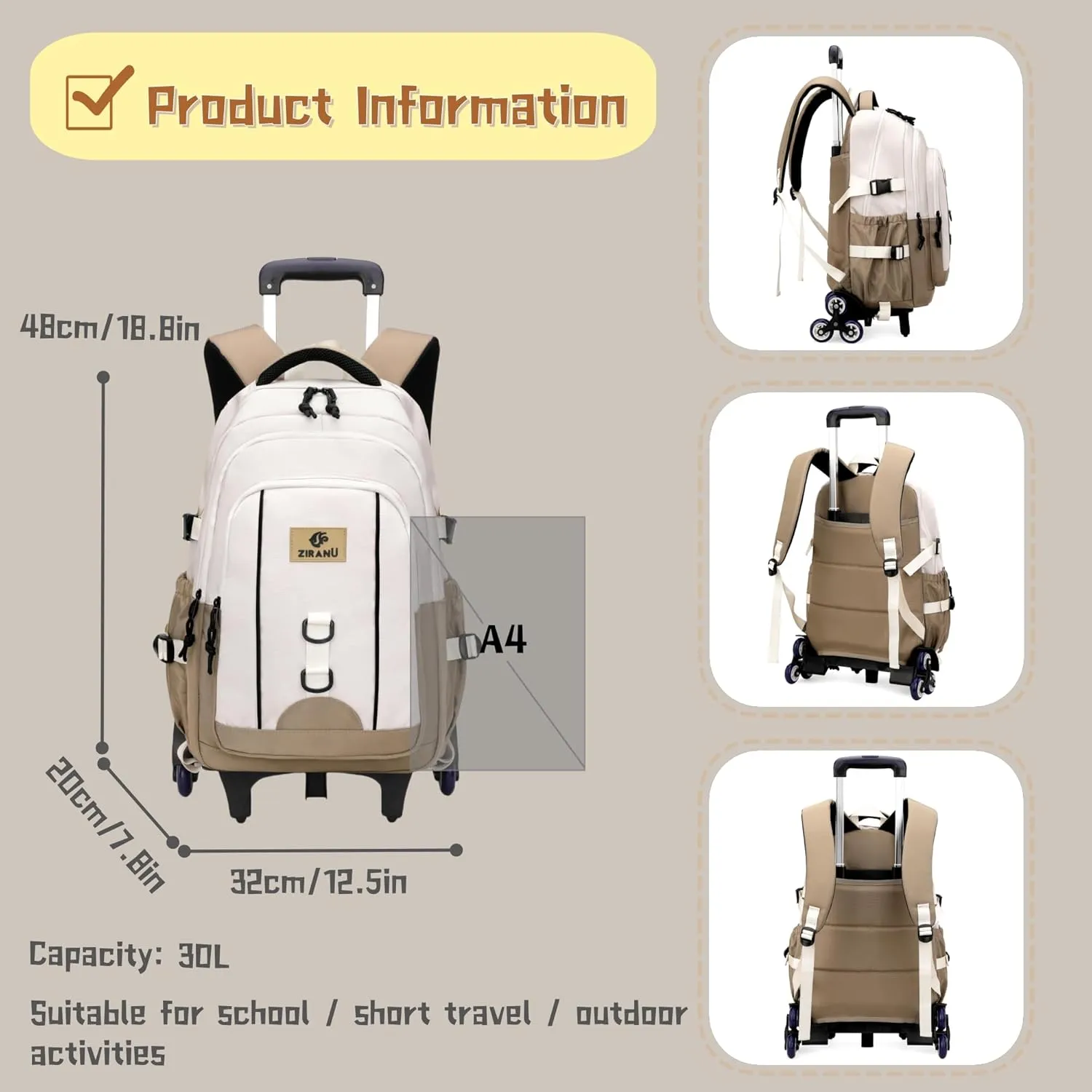 Boys Rolling Backpack for School Kids, Backpack for Boys with 6 Wheels, Carry-On Wheeled Elementary Middle High School Bags Bookbags, White Grey