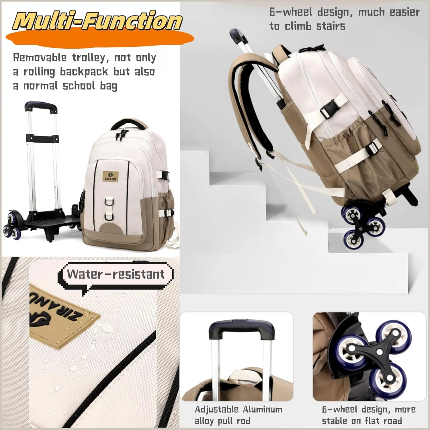 Boys Rolling Backpack for School Kids, Backpack for Boys with 6 Wheels, Carry-On Wheeled Elementary Middle High School Bags Bookbags, White Grey