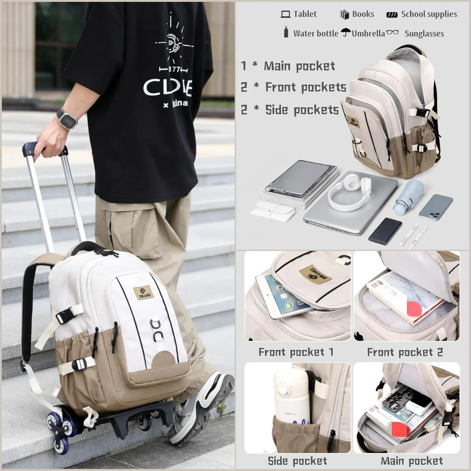Boys Rolling Backpack for School Kids, Backpack for Boys with 6 Wheels, Carry-On Wheeled Elementary Middle High School Bags Bookbags, White Grey