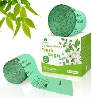 BPI Certified Compostable Trash Bags 4 Gallon (120Count) - 2X Thicker Than Regular, Leakproof for Kitchen/Bathroom Waste, 90-Day Breakdownin Home/Industrial Use, 0.79mils Plant-Based