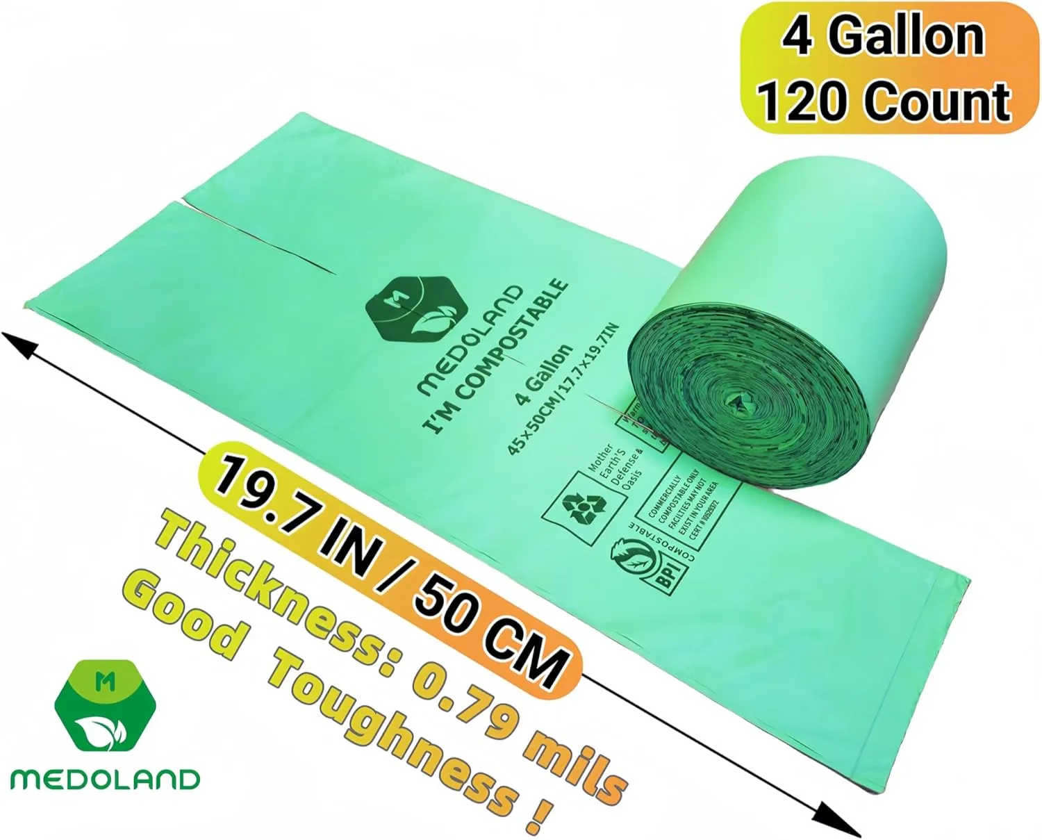 BPI Certified Compostable Trash Bags 4 Gallon (120Count) - 2X Thicker Than Regular, Leakproof for Kitchen/Bathroom Waste, 90-Day Breakdownin Home/Industrial Use, 0.79mils Plant-Based