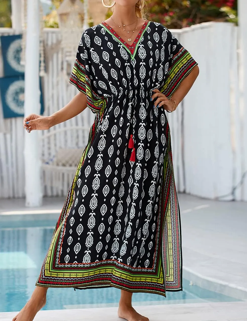 Bsubseach Kaftan Dresses for Women Plus Size Swimsuit Cover Up Long Caftan Dress with Waist Drawstring