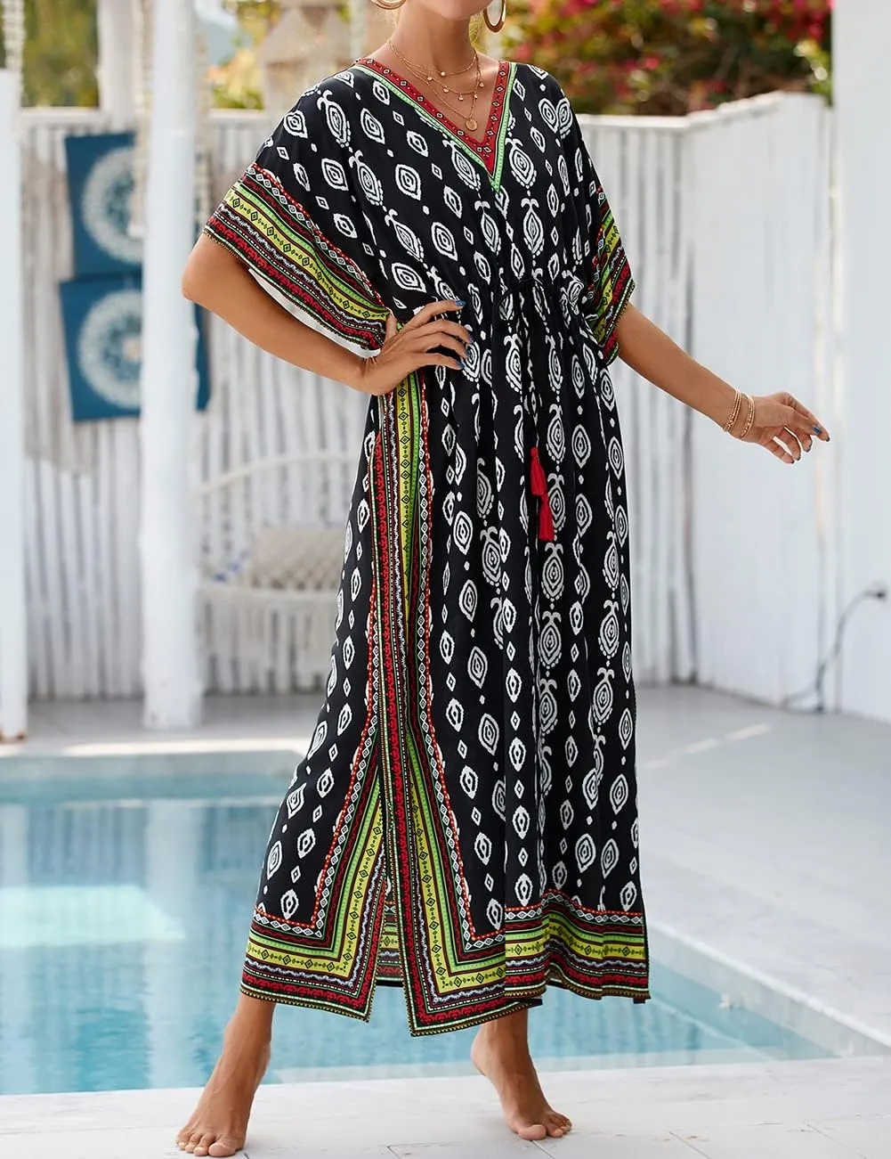 Bsubseach Kaftan Dresses for Women Plus Size Swimsuit Cover Up Long Caftan Dress with Waist Drawstring