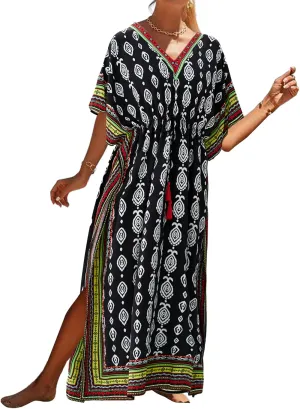 Bsubseach Kaftan Dresses for Women Plus Size Swimsuit Cover Up Long Caftan Dress with Waist Drawstring