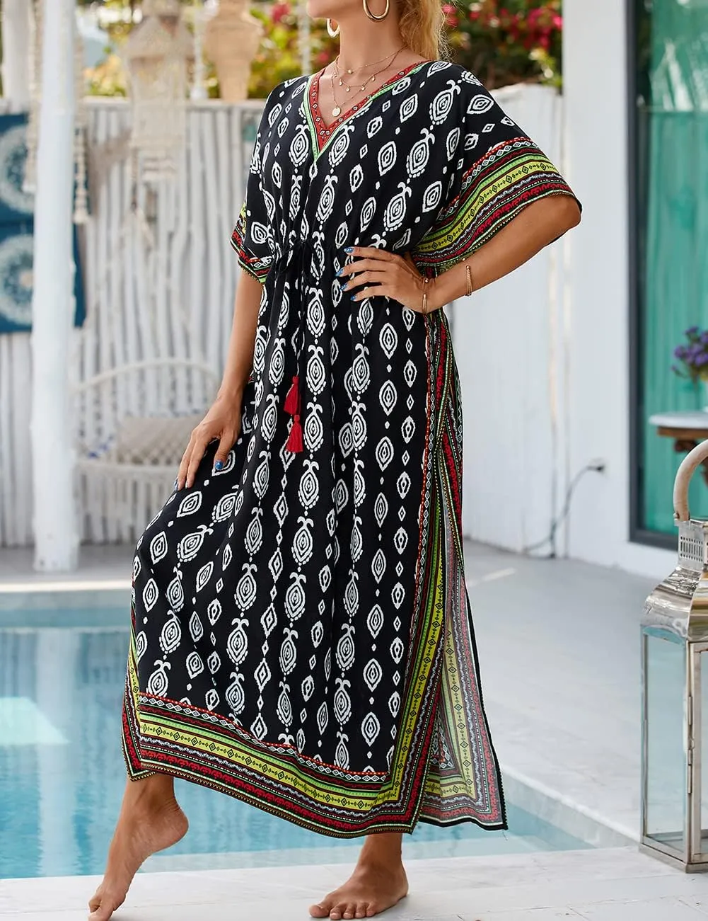Bsubseach Kaftan Dresses for Women Plus Size Swimsuit Cover Up Long Caftan Dress with Waist Drawstring