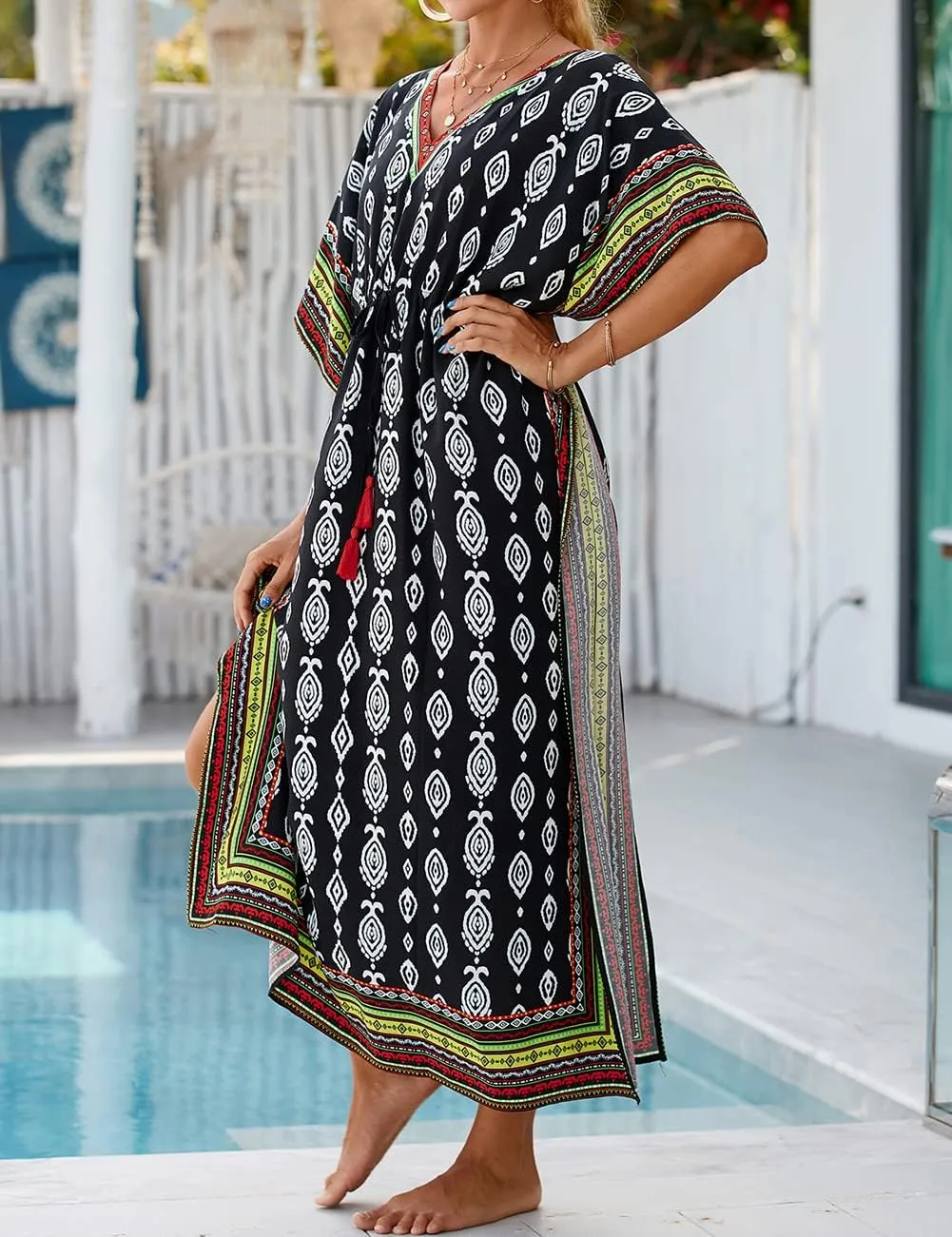 Bsubseach Kaftan Dresses for Women Plus Size Swimsuit Cover Up Long Caftan Dress with Waist Drawstring