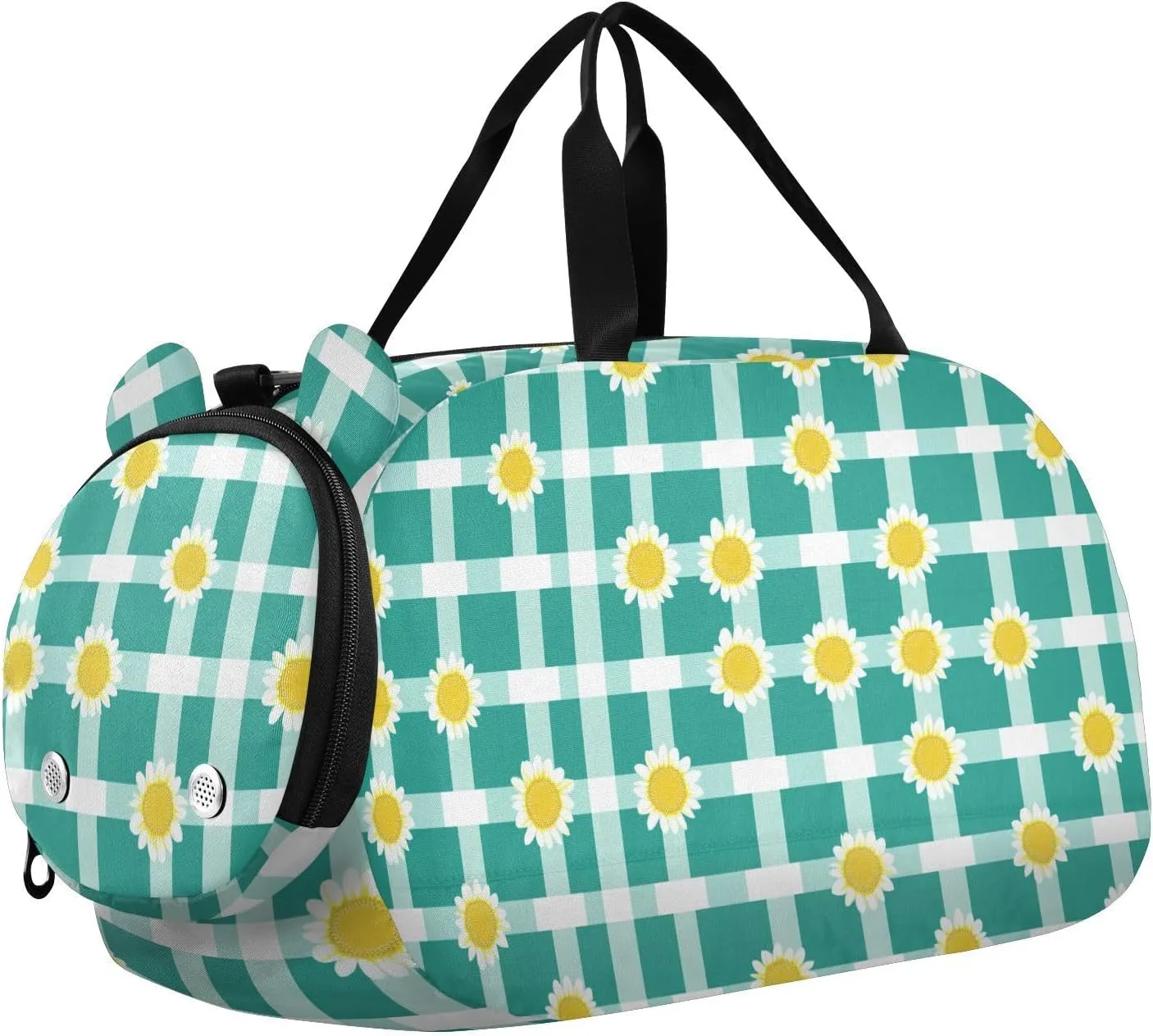 Buffalo Plaid Check Turquoise Sunflowers Gym Duffel Bag with Shoes Compartment Multifunctional Overnight Bag for Boys and Girls