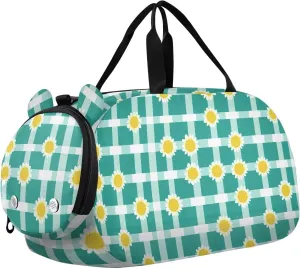 Buffalo Plaid Check Turquoise Sunflowers Gym Duffel Bag with Shoes Compartment Multifunctional Overnight Bag for Boys and Girls
