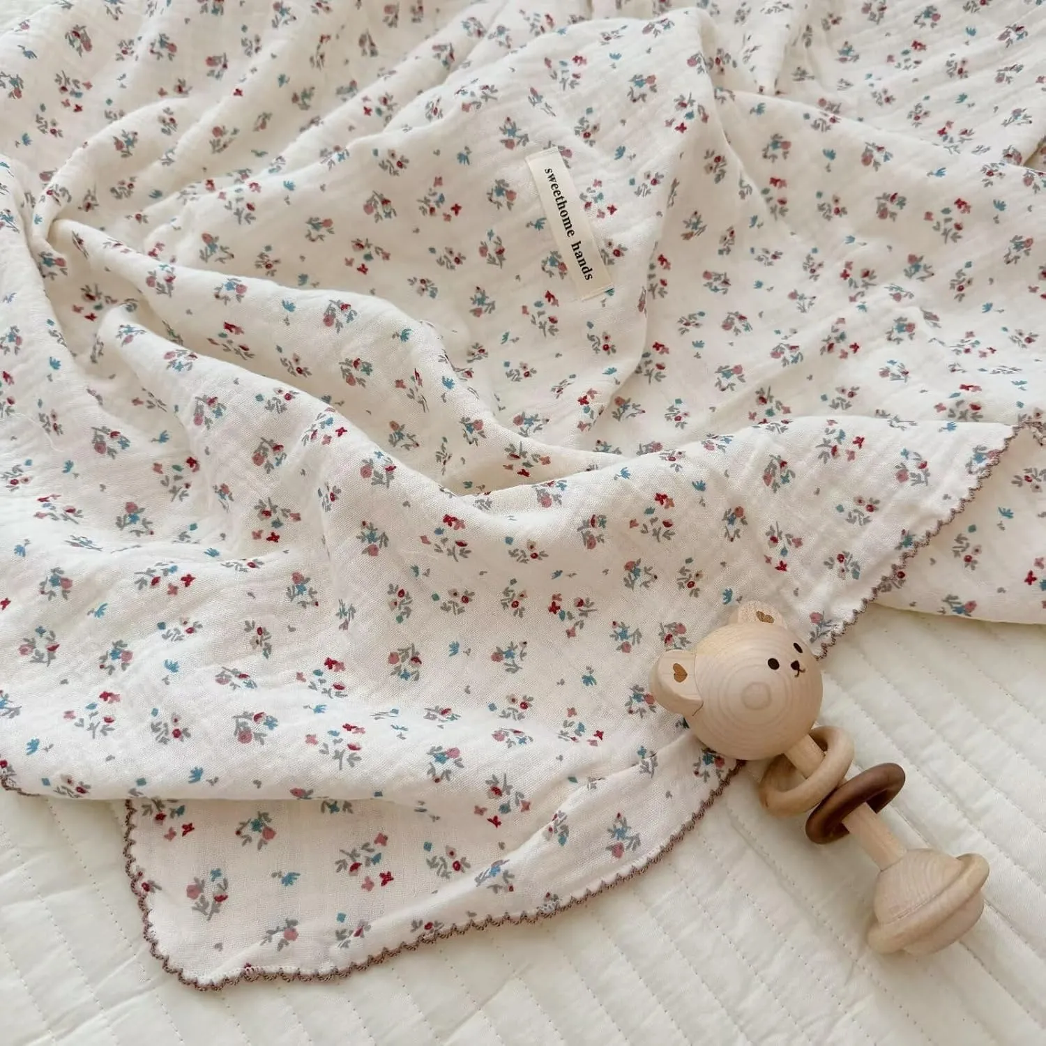 BuLuTu Cotton Muslin Blanket for Toddler Girls Boys 1 2 3 4 5 6 Year Old, Shabby Chic Floral Baby Blanket for Crib/Toddler Bed, 4 Layers Gauze Lightweight Toddler Quilt, 1 pc, 47"x51"