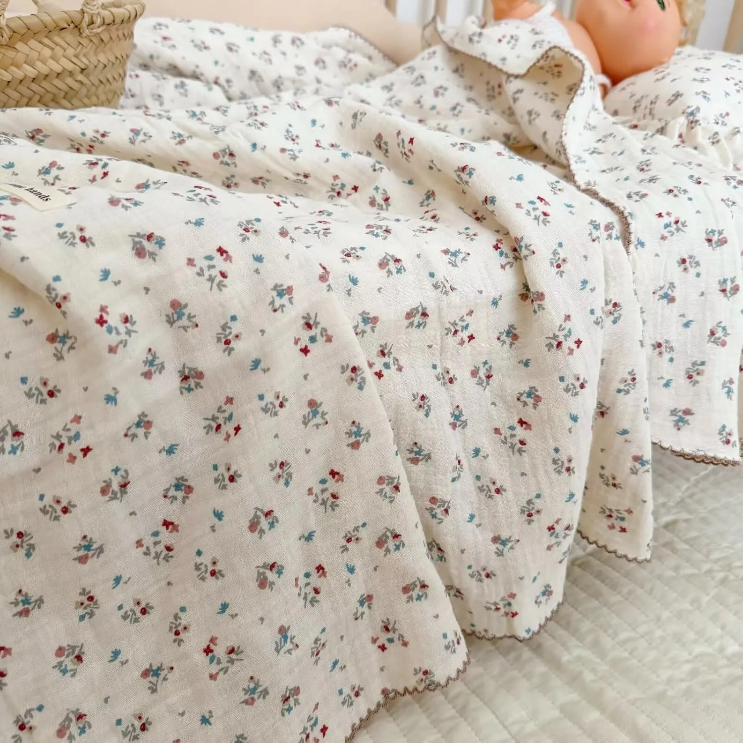 BuLuTu Cotton Muslin Blanket for Toddler Girls Boys 1 2 3 4 5 6 Year Old, Shabby Chic Floral Baby Blanket for Crib/Toddler Bed, 4 Layers Gauze Lightweight Toddler Quilt, 1 pc, 47"x51"