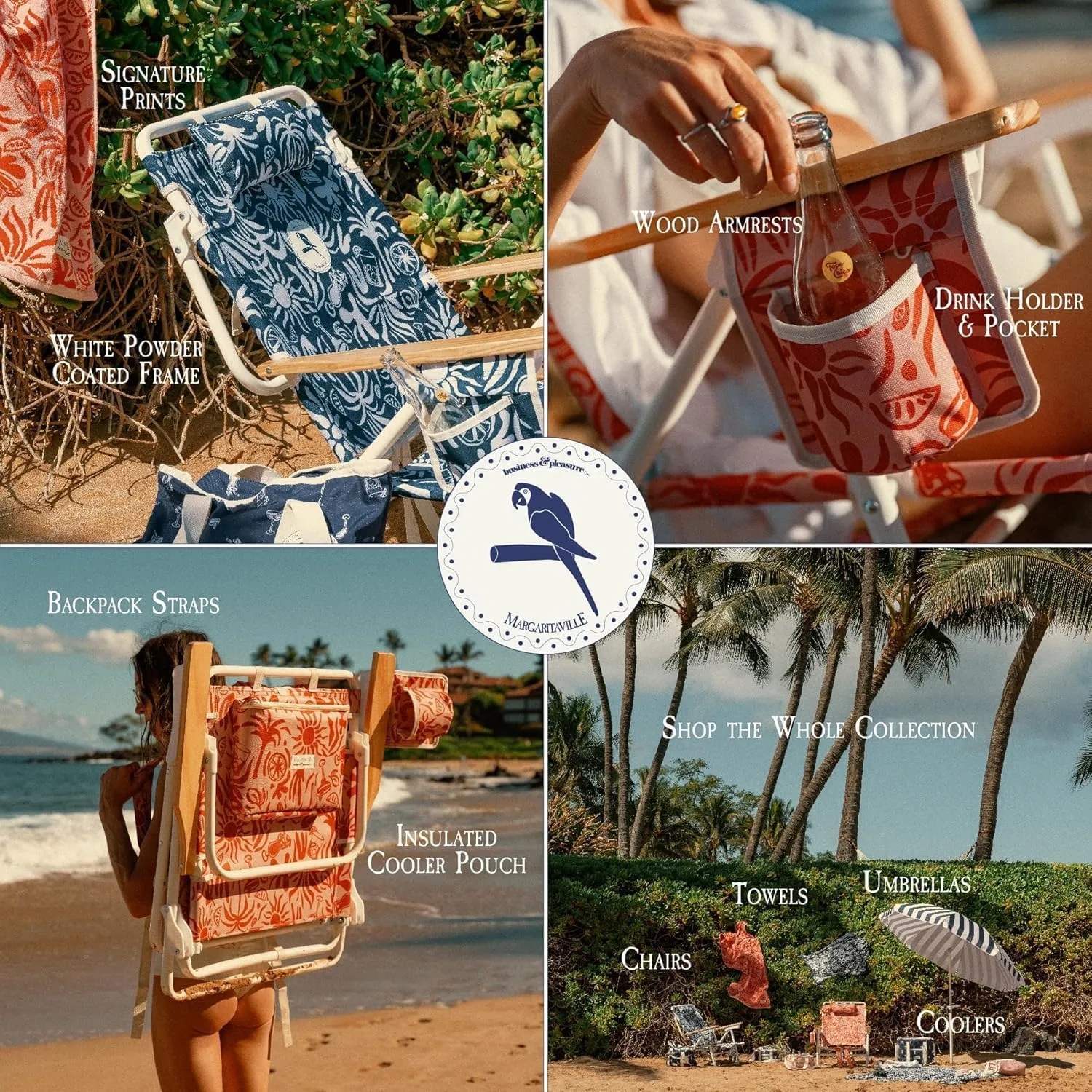 Business & Pleasure Co. Margaritaville Manana Backpack Beach Chair Lay Flat Reclining, Lightweight & Portable, Insulated Cooler Pocket, Hemisphere Dancer Tiki