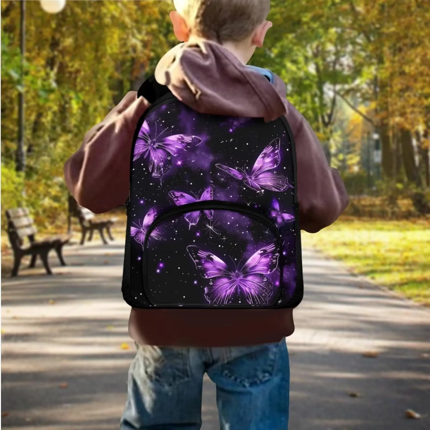 Butterfly Kids Backpack for Girls 4-6 Bookbag and Lunch Box Set with School Pencil Case Daypack School Bag with Shoulder Bag and Pencil Bag Cute and Stylish Appearance