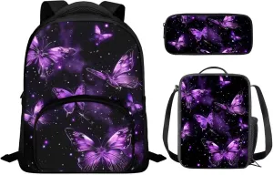Butterfly Kids Backpack for Girls 4-6 Bookbag and Lunch Box Set with School Pencil Case Daypack School Bag with Shoulder Bag and Pencil Bag Cute and Stylish Appearance