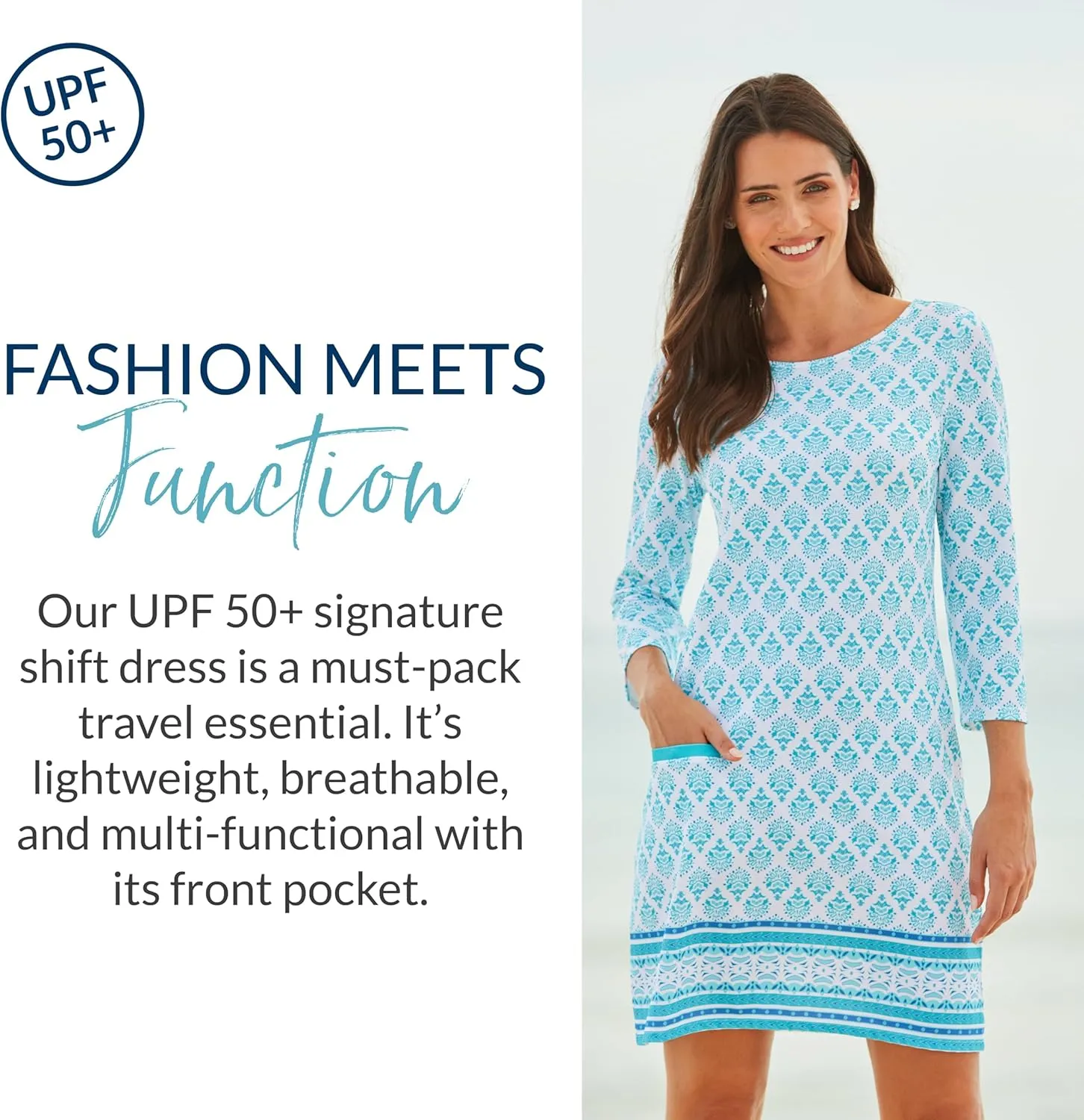 Cabana Life Shift Dress, UPF 50  Sun Protection Casual Dress, Boat Neckline, Quarter Sleeve, Womens Fashion