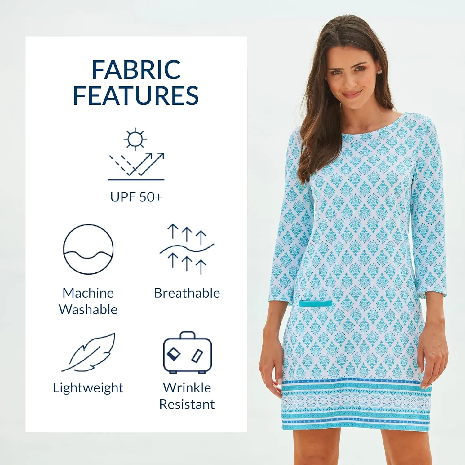Cabana Life Shift Dress, UPF 50  Sun Protection Casual Dress, Boat Neckline, Quarter Sleeve, Womens Fashion
